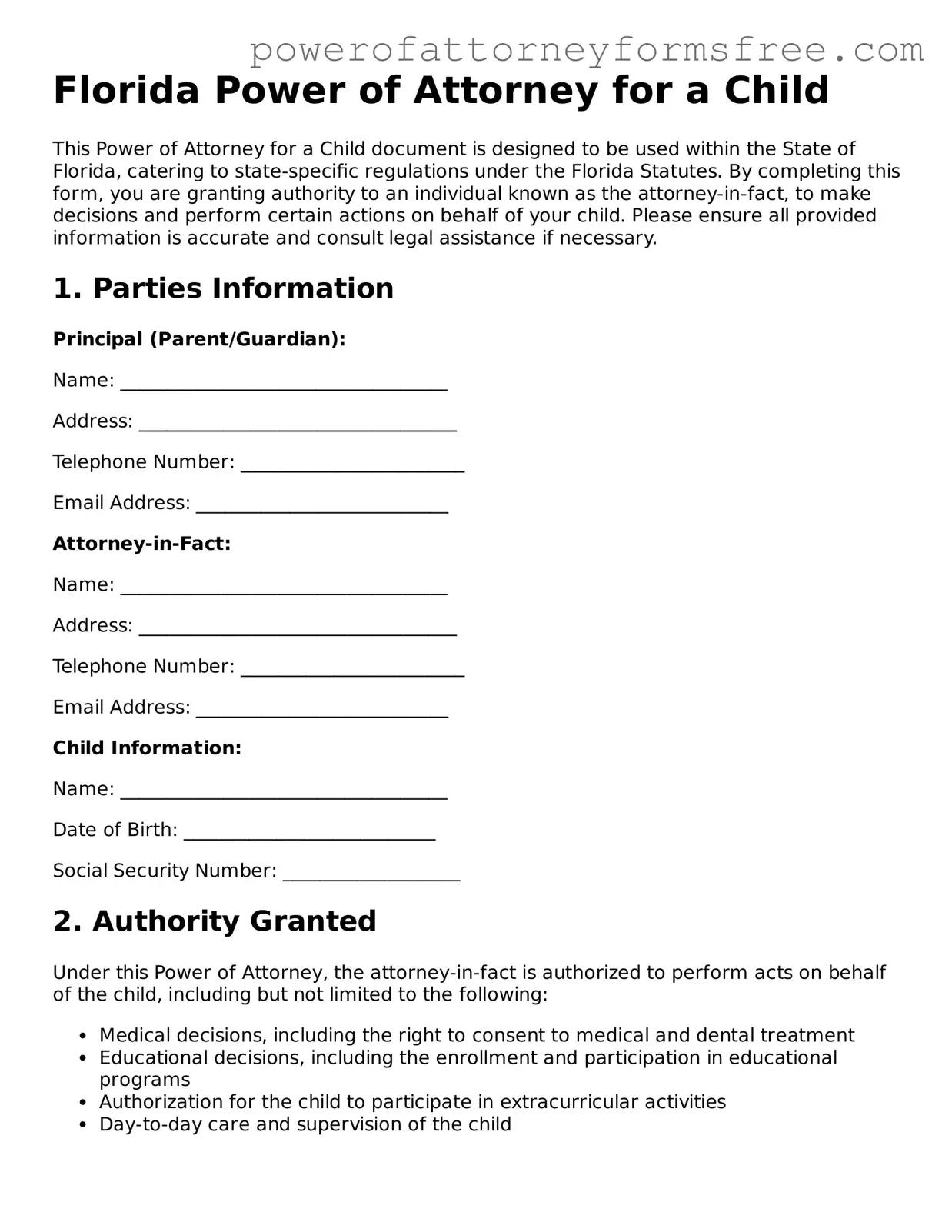 Fillable Power of Attorney for a Child Document for Florida State
