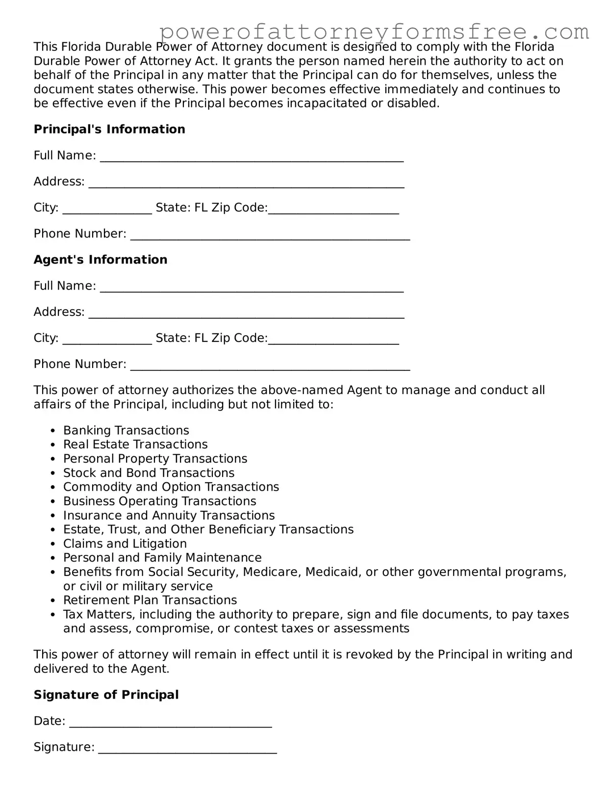 Fillable Durable Power of Attorney Document for Florida State