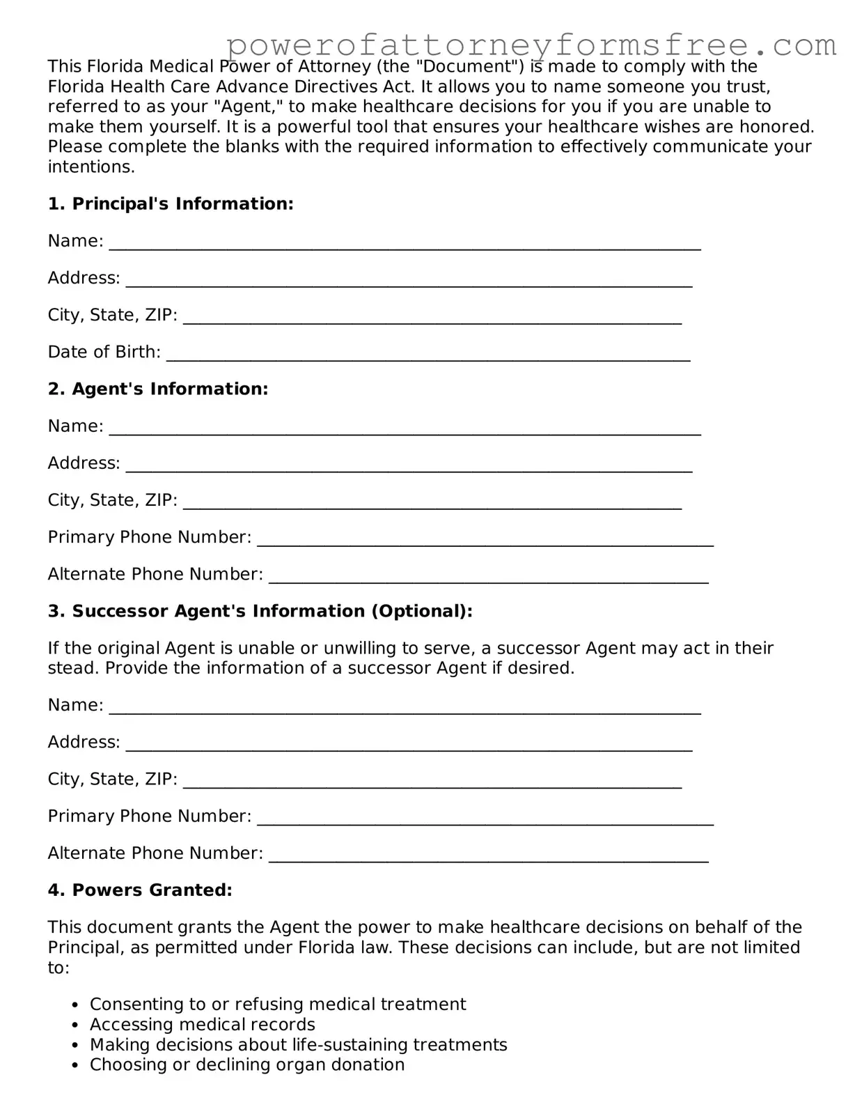 Fillable Medical Power of Attorney Document for Florida State