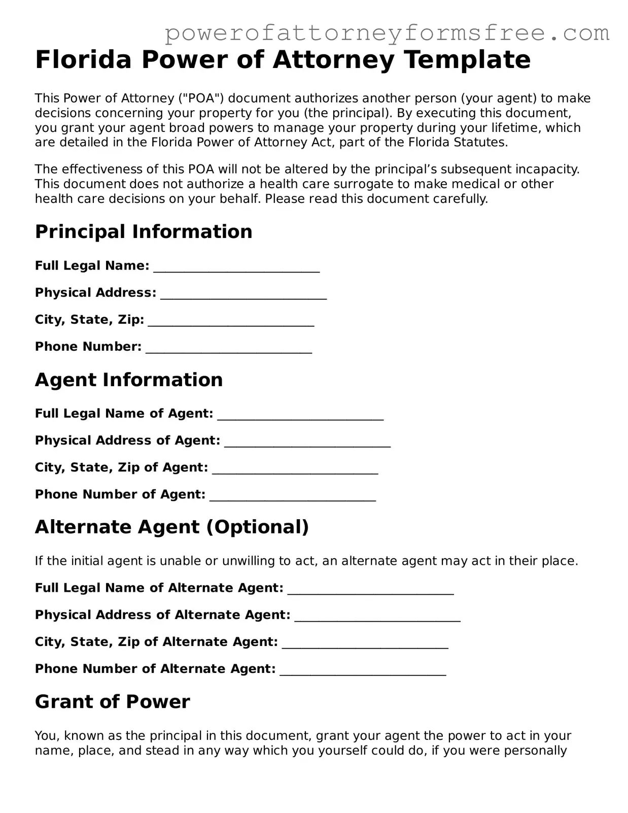 Fillable Power of Attorney Document for Florida State