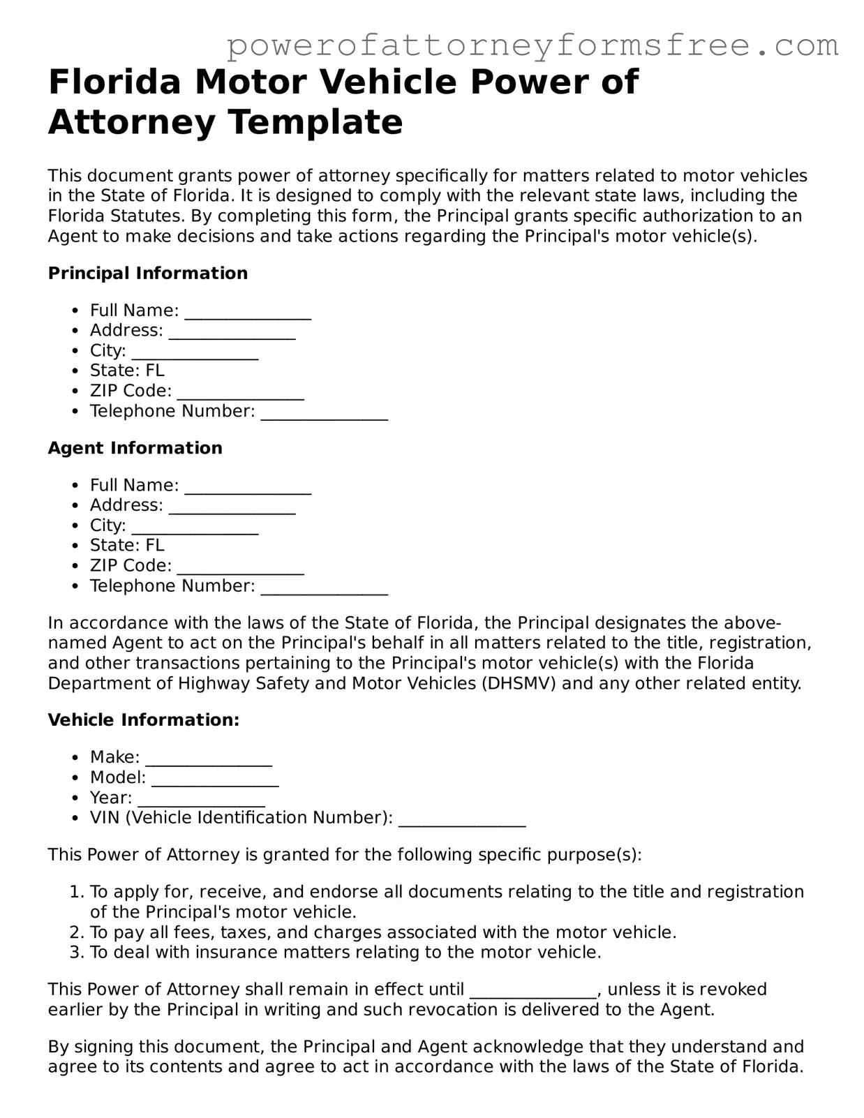 Fillable Motor Vehicle Power of Attorney Document for Florida State