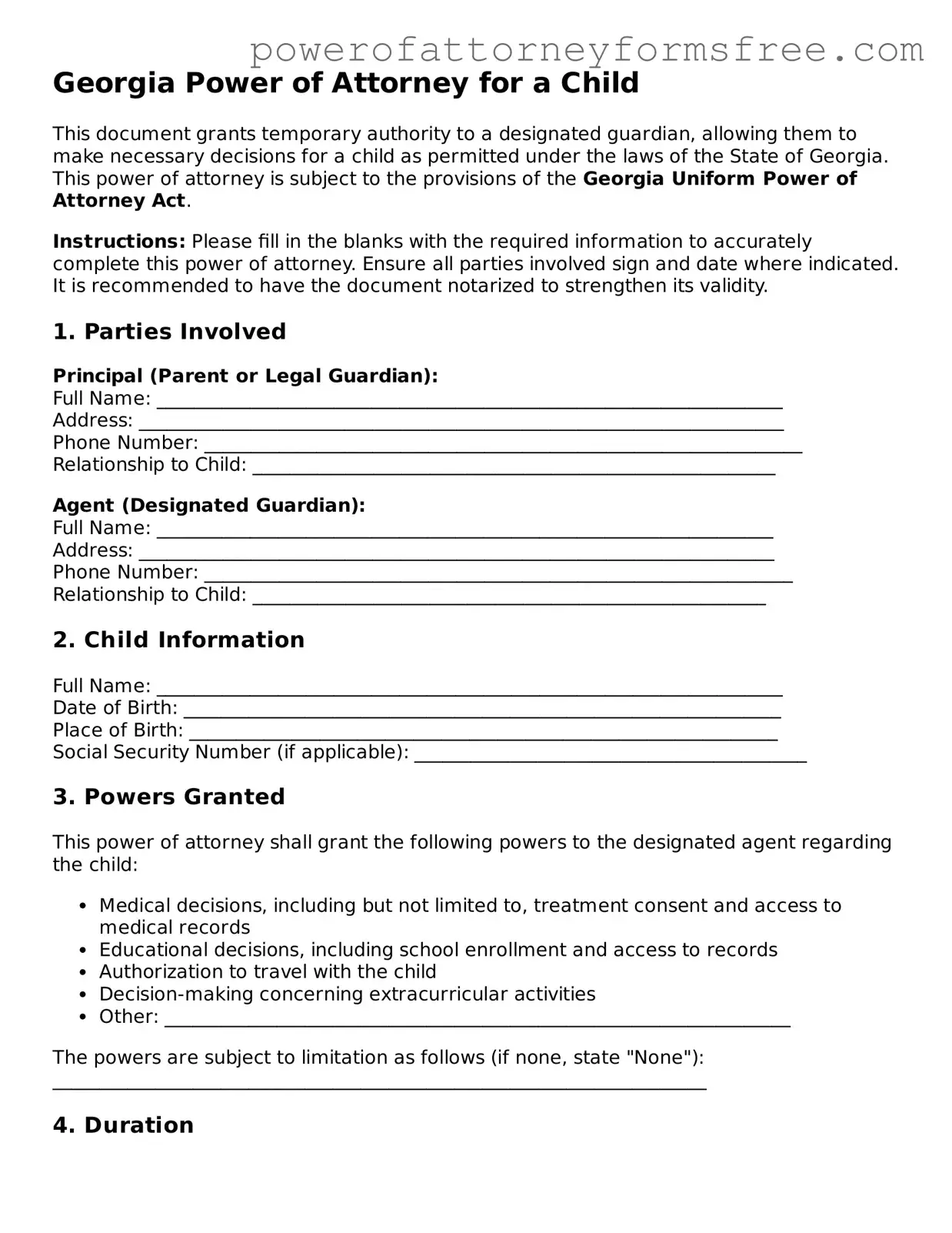 Fillable Power of Attorney for a Child Document for Georgia State