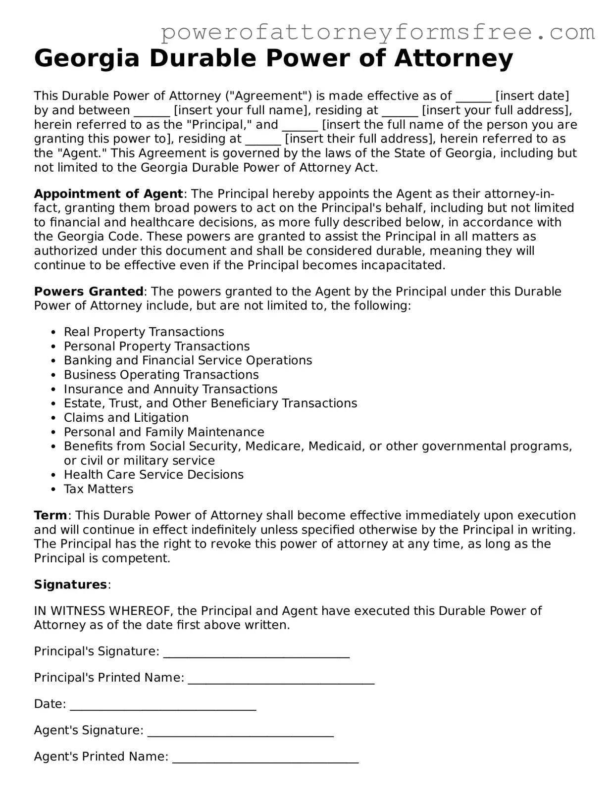 Fillable Durable Power of Attorney Document for Georgia State