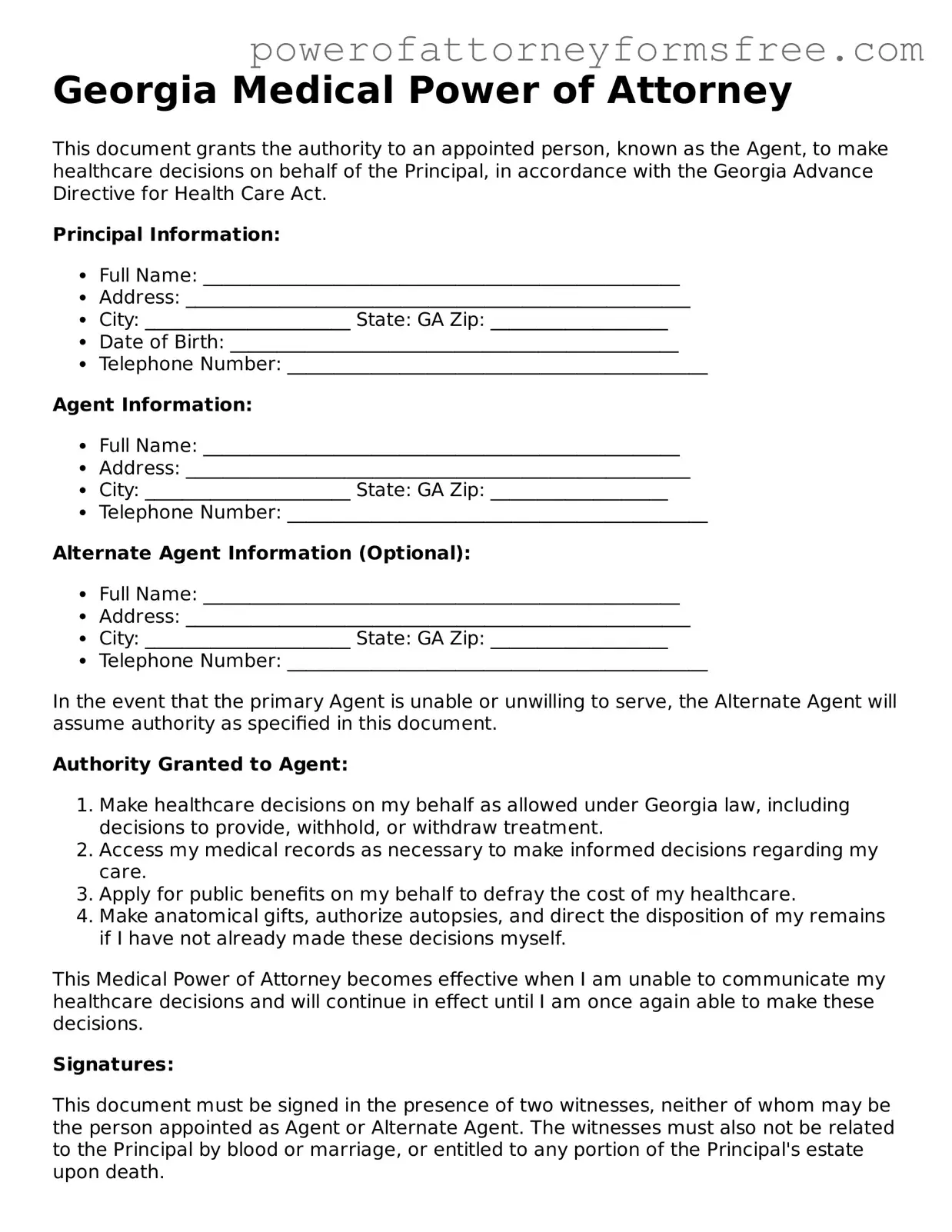 Fillable Medical Power of Attorney Document for Georgia State