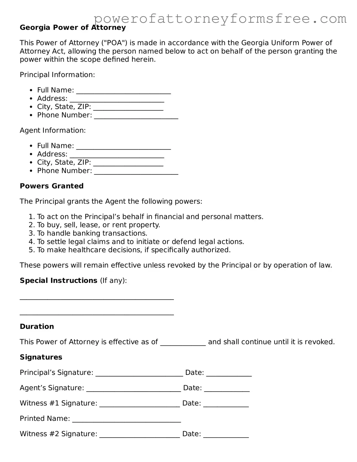 Fillable Power of Attorney Document for Georgia State