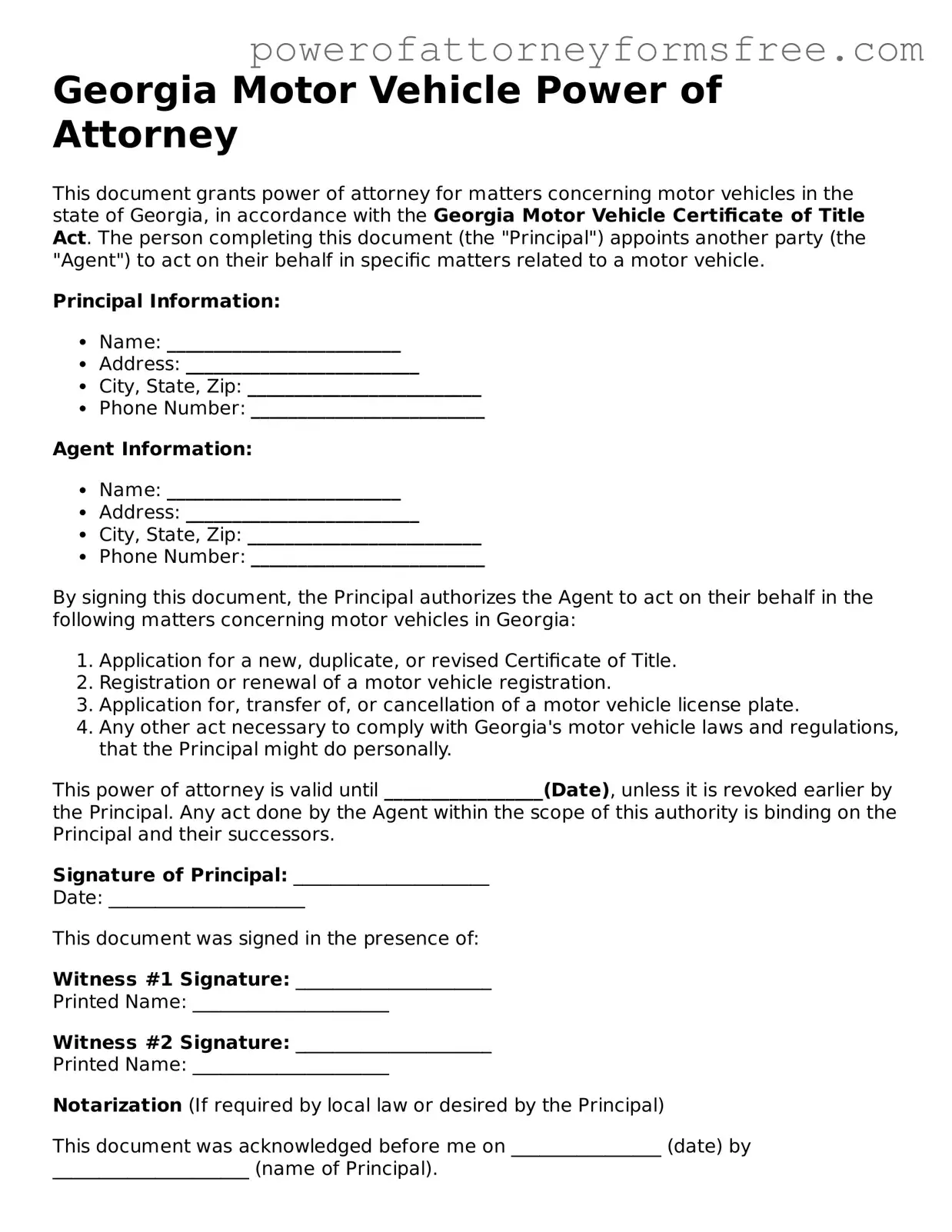 Fillable Motor Vehicle Power of Attorney Document for Georgia State