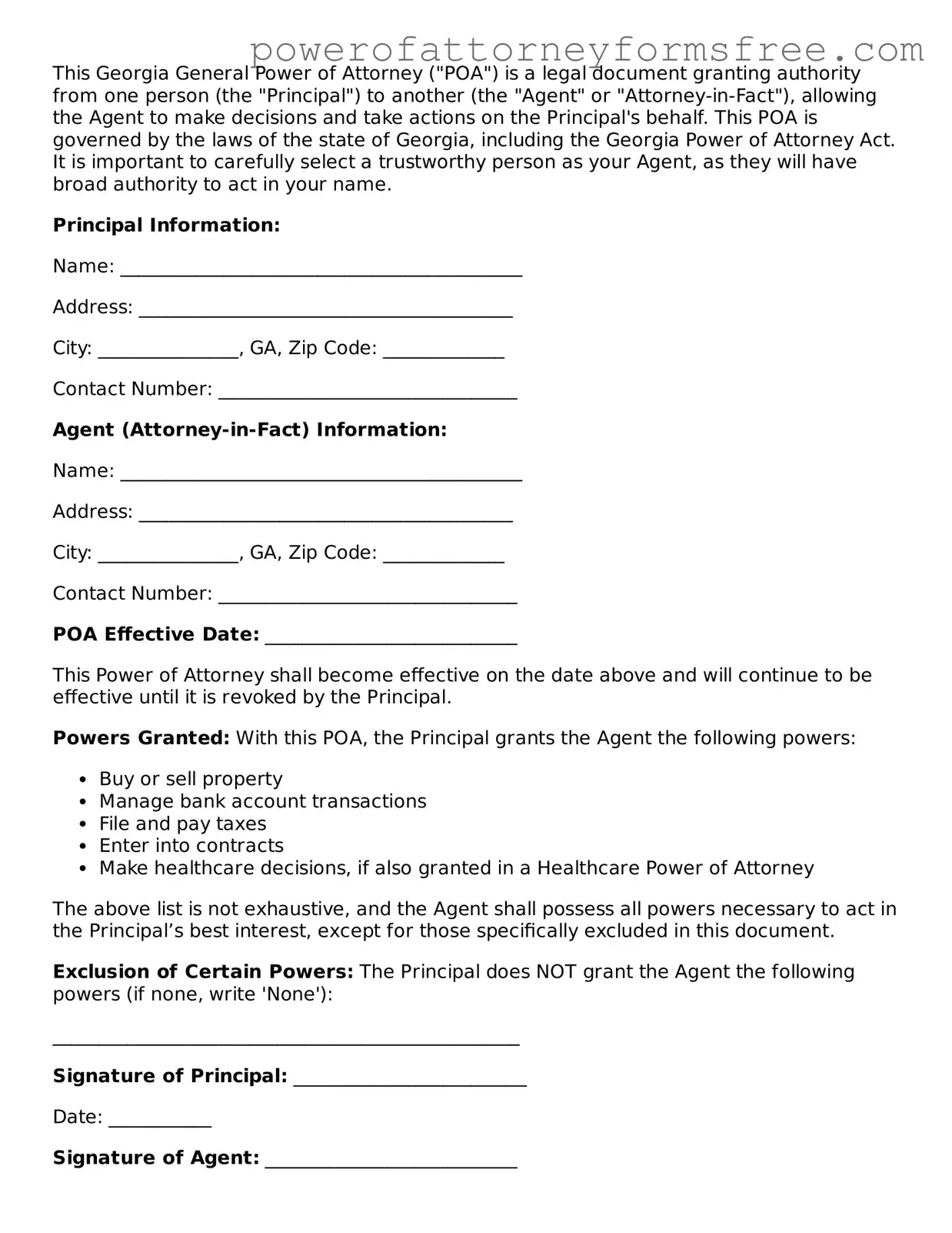 Fillable General Power of Attorney Document for Georgia State