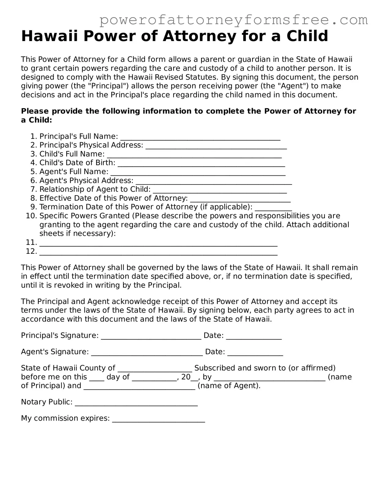 Fillable Power of Attorney for a Child Document for Hawaii State
