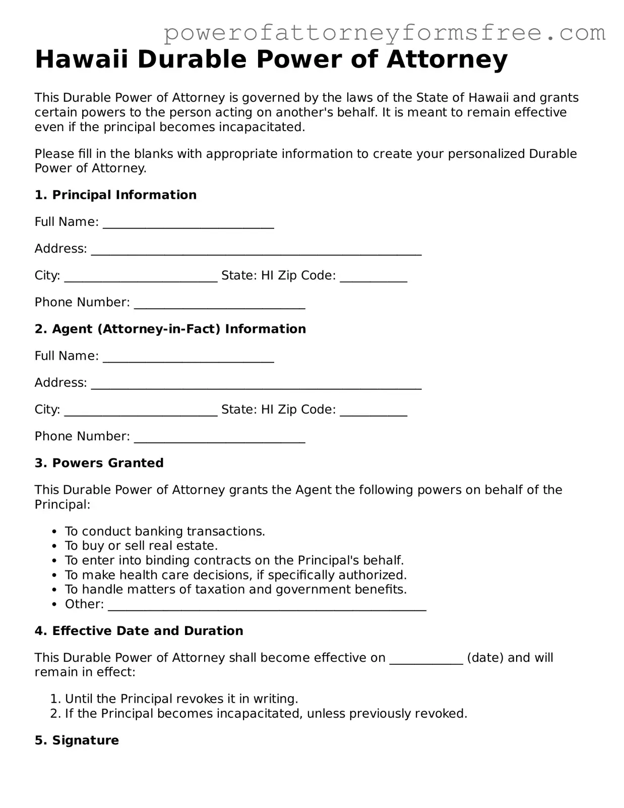 Fillable Durable Power of Attorney Document for Hawaii State