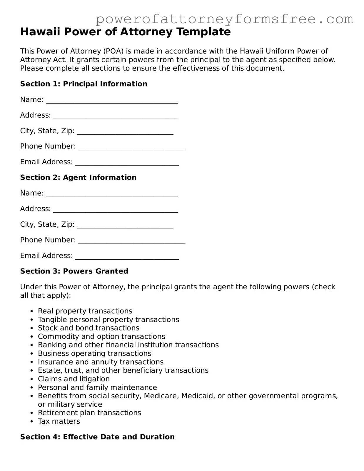 Fillable Power of Attorney Document for Hawaii State