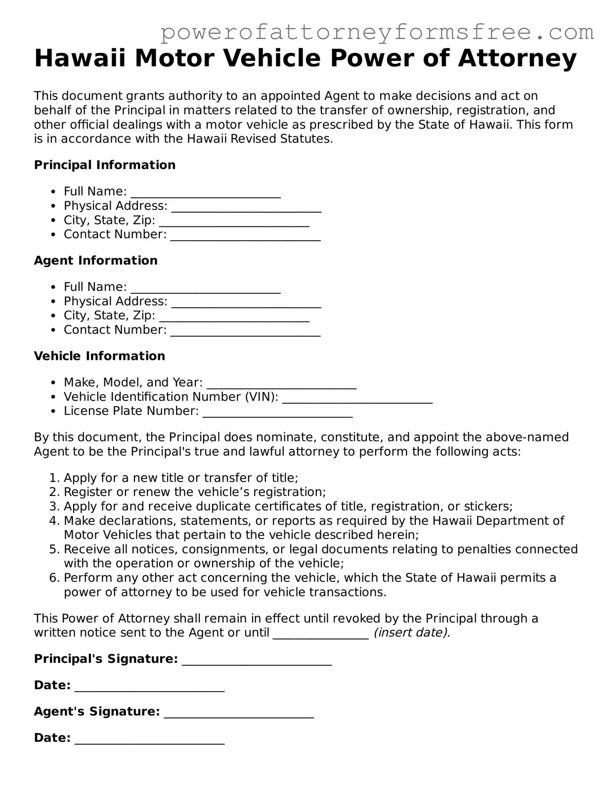 Fillable Motor Vehicle Power of Attorney Document for Hawaii State