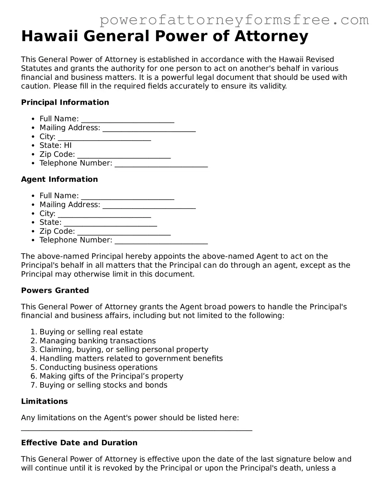 Fillable General Power of Attorney Document for Hawaii State