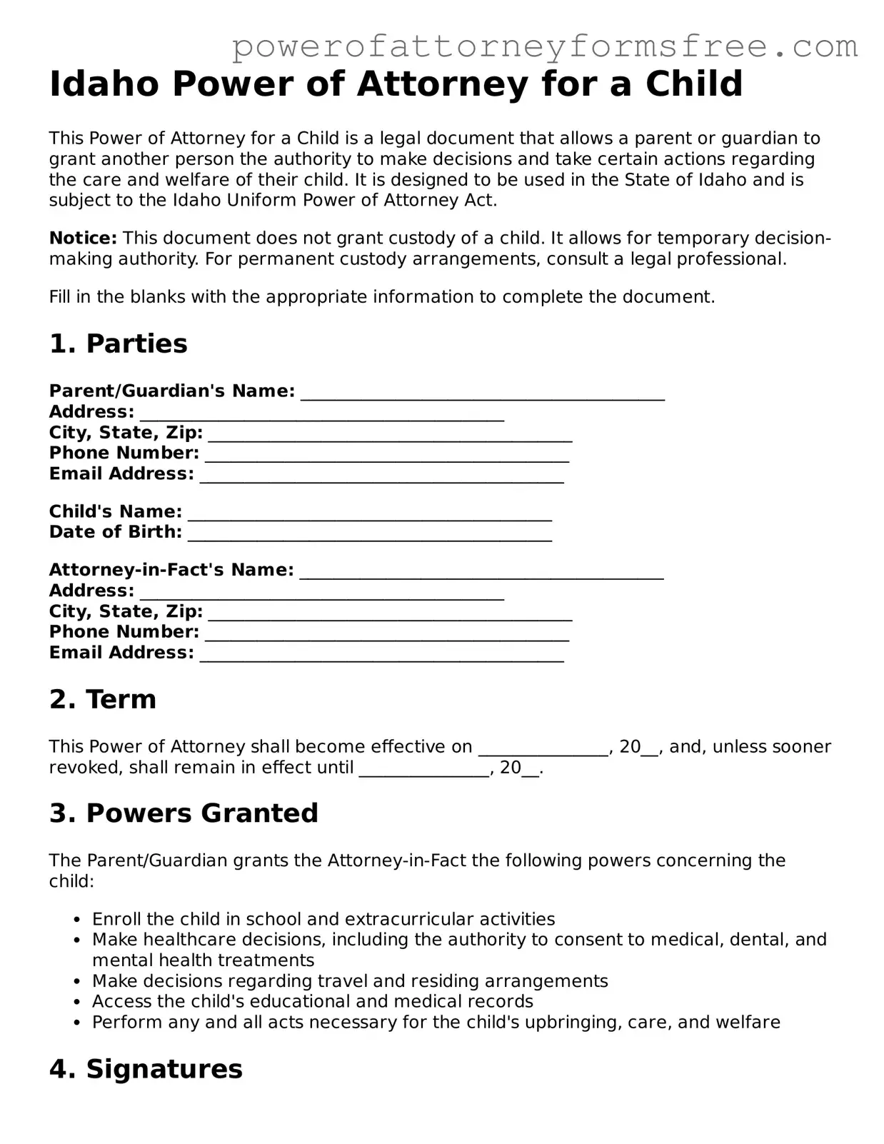 Fillable Power of Attorney for a Child Document for Idaho State