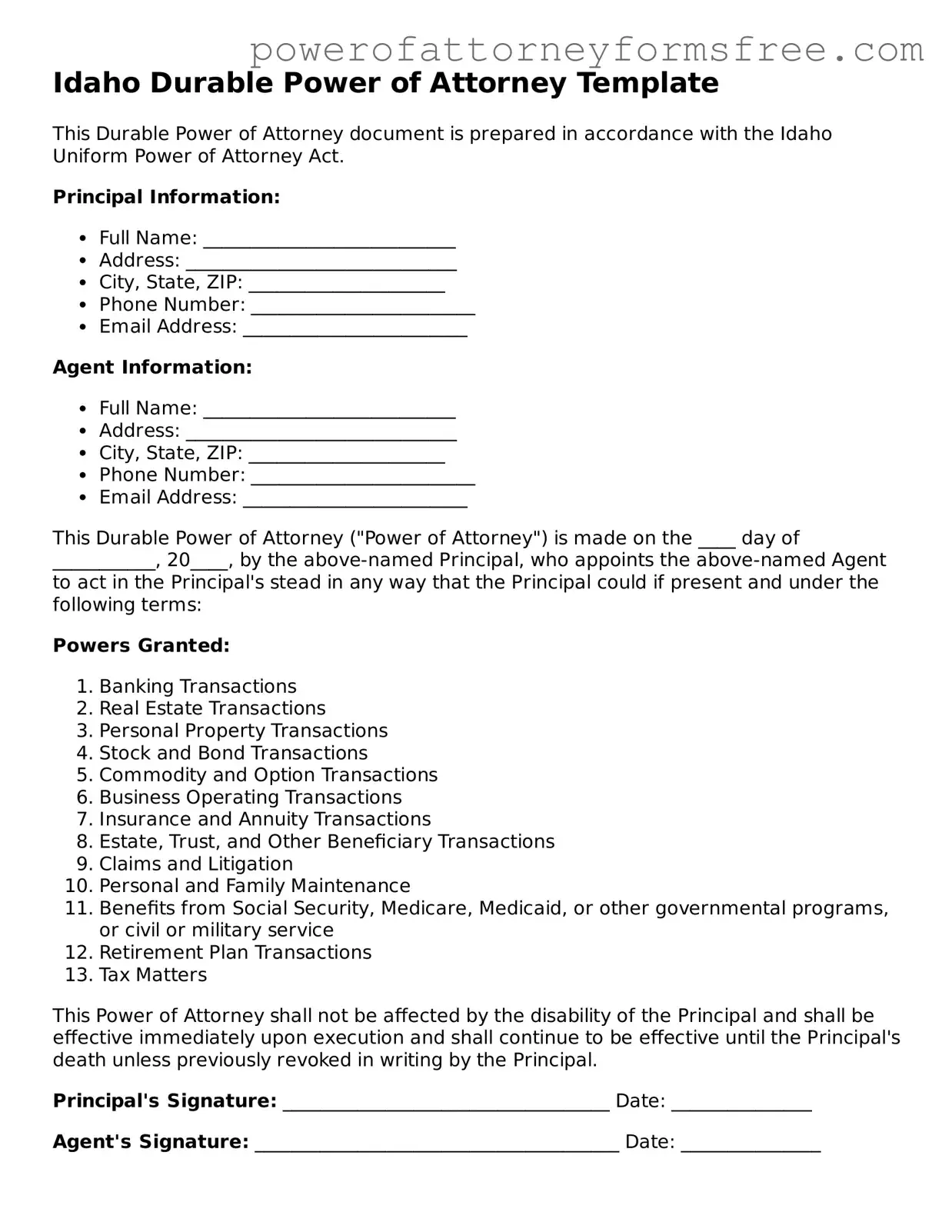 Fillable Durable Power of Attorney Document for Idaho State