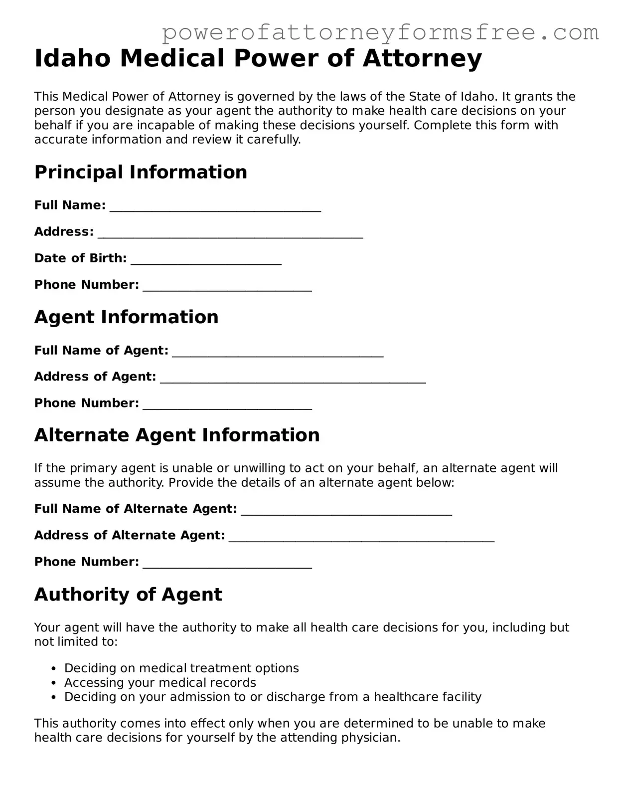 Fillable Medical Power of Attorney Document for Idaho State