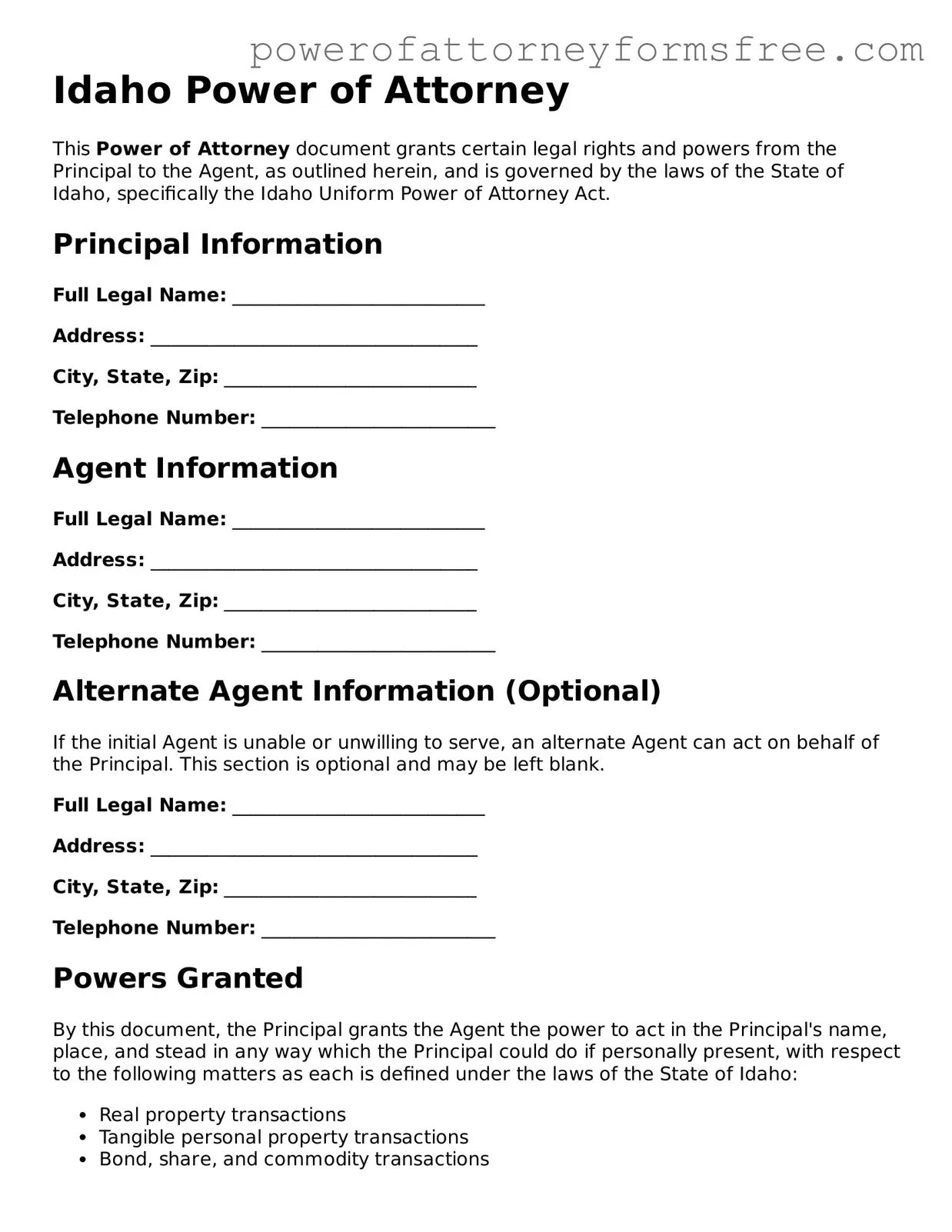Fillable Power of Attorney Document for Idaho State