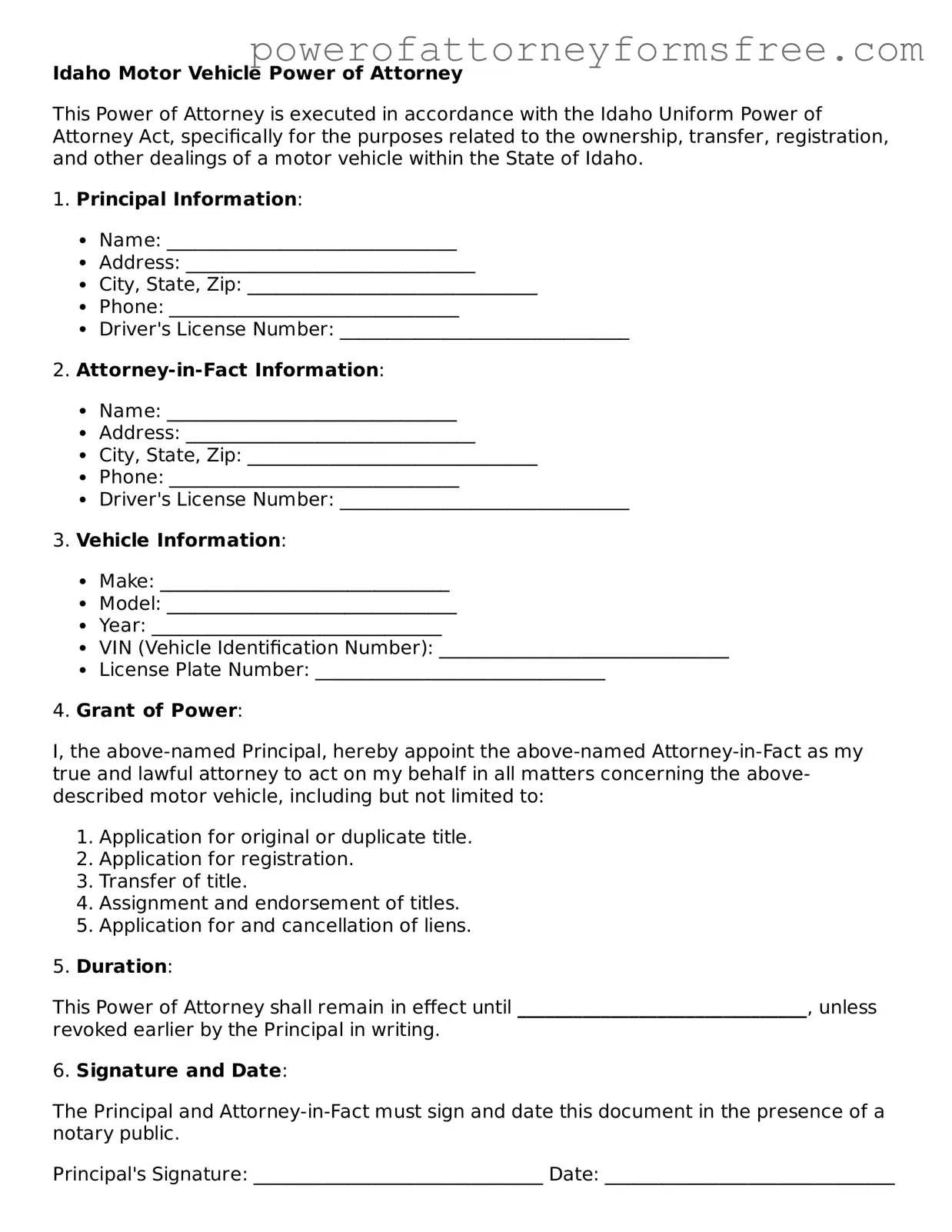 Fillable Motor Vehicle Power of Attorney Document for Idaho State