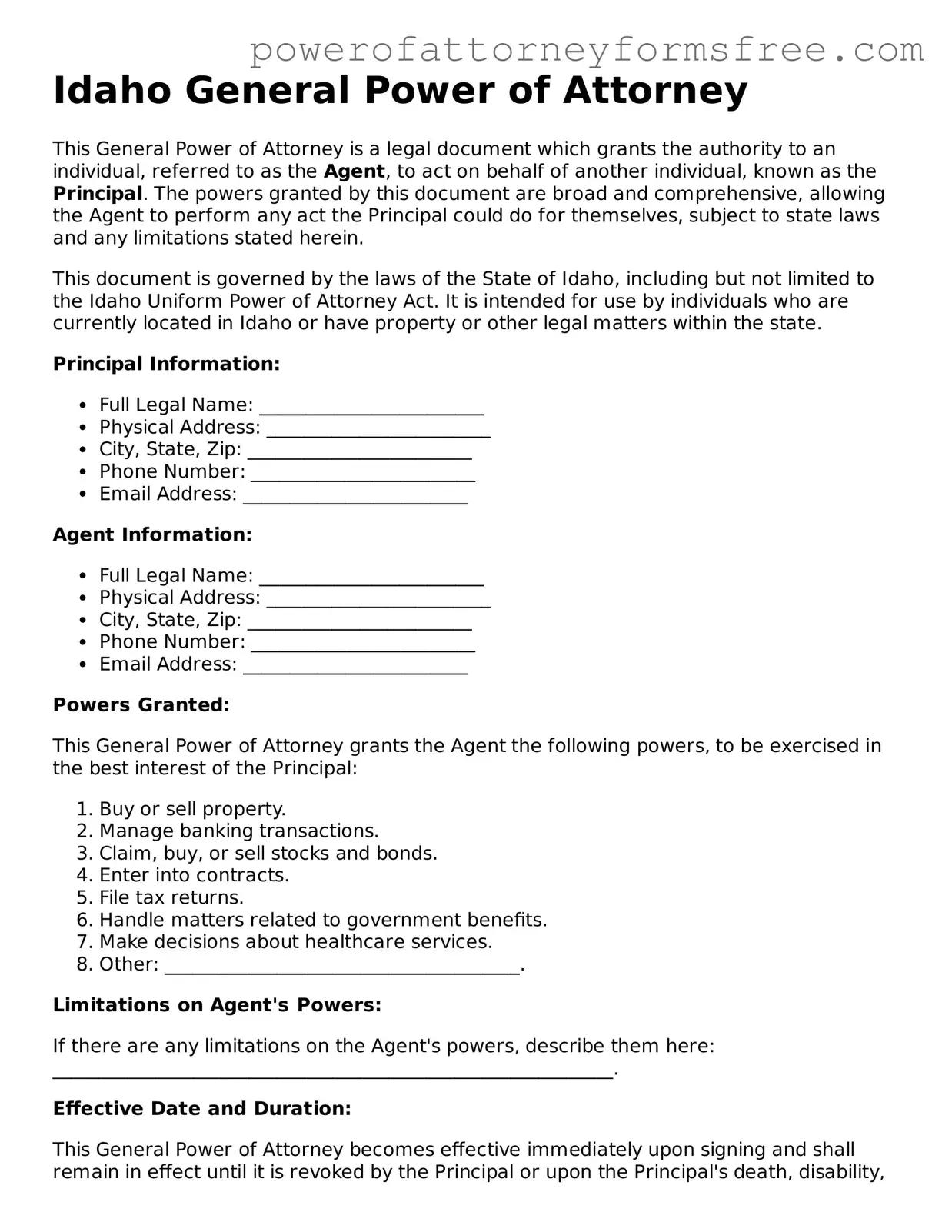 Fillable General Power of Attorney Document for Idaho State