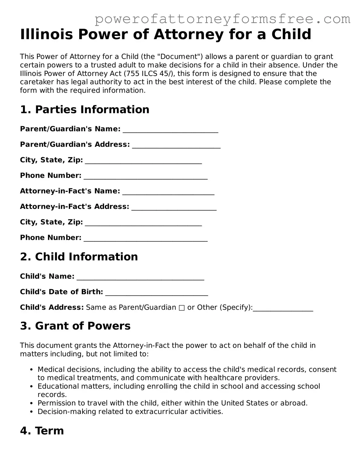Fillable Power of Attorney for a Child Document for Illinois State