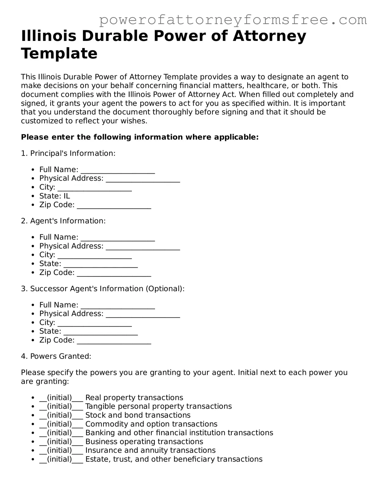 Fillable Durable Power of Attorney Document for Illinois State