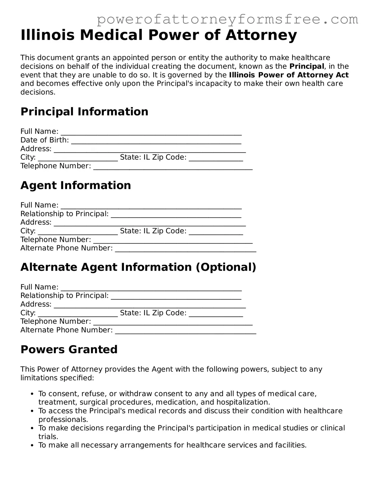 Fillable Medical Power of Attorney Document for Illinois State