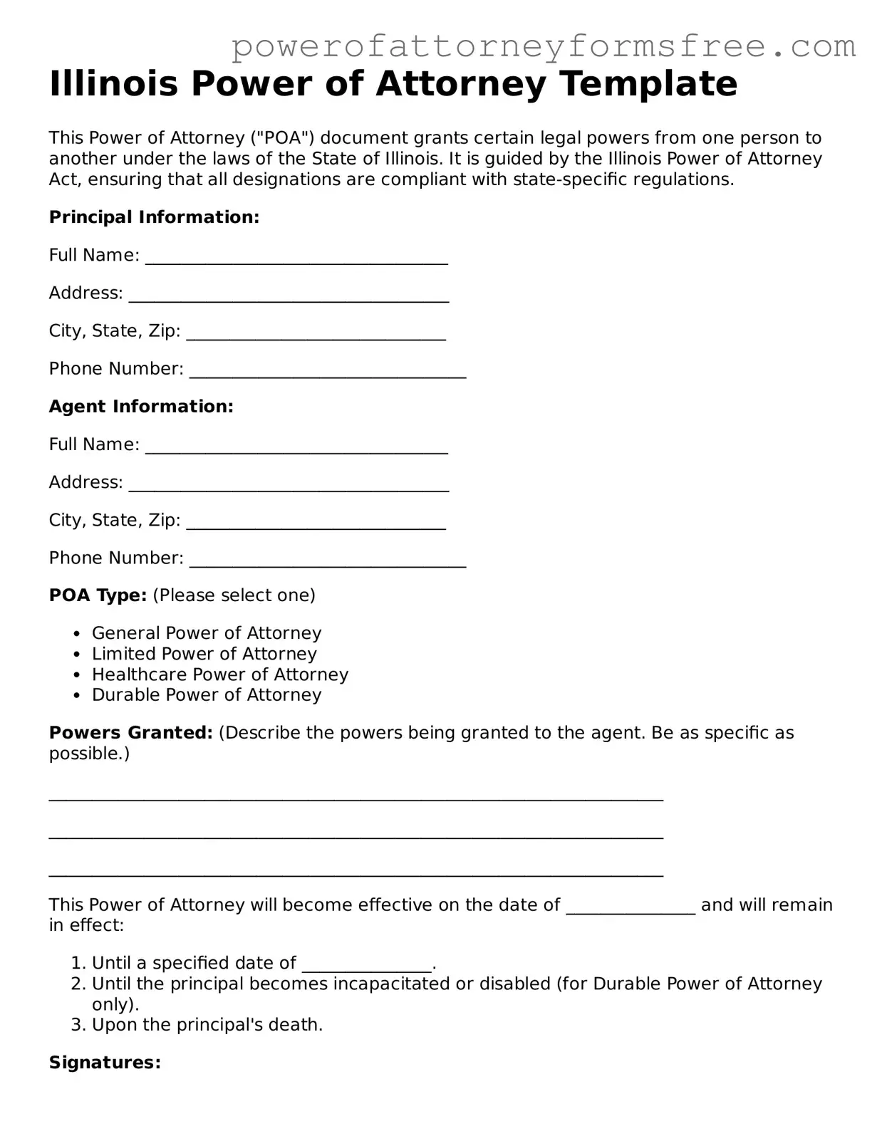 Fillable Power of Attorney Document for Illinois State