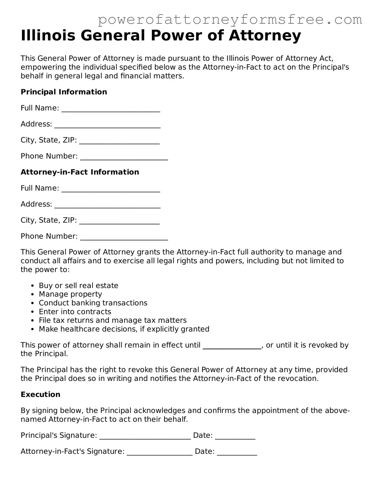 Fillable General Power of Attorney Document for Illinois State