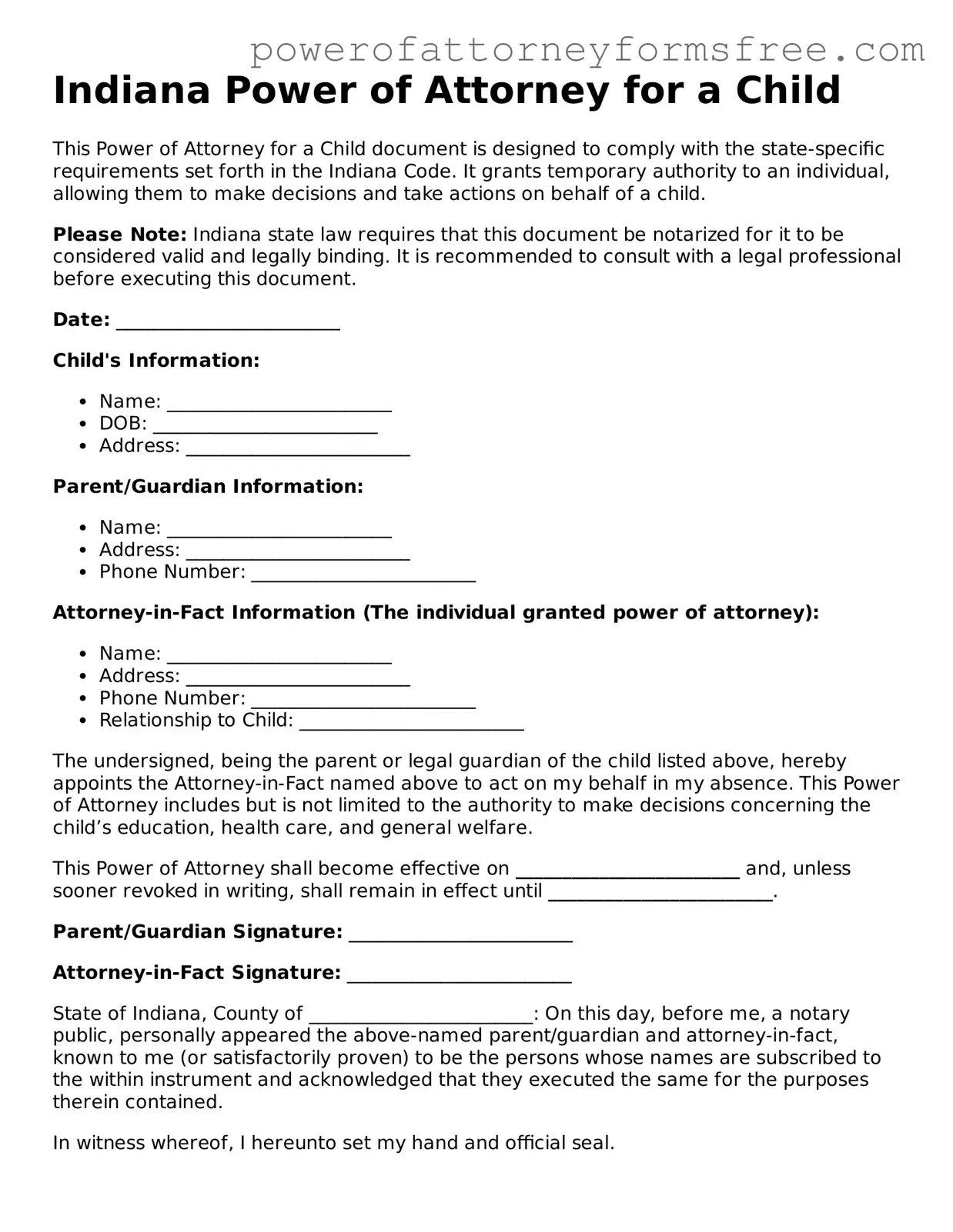 Fillable Power of Attorney for a Child Document for Indiana State