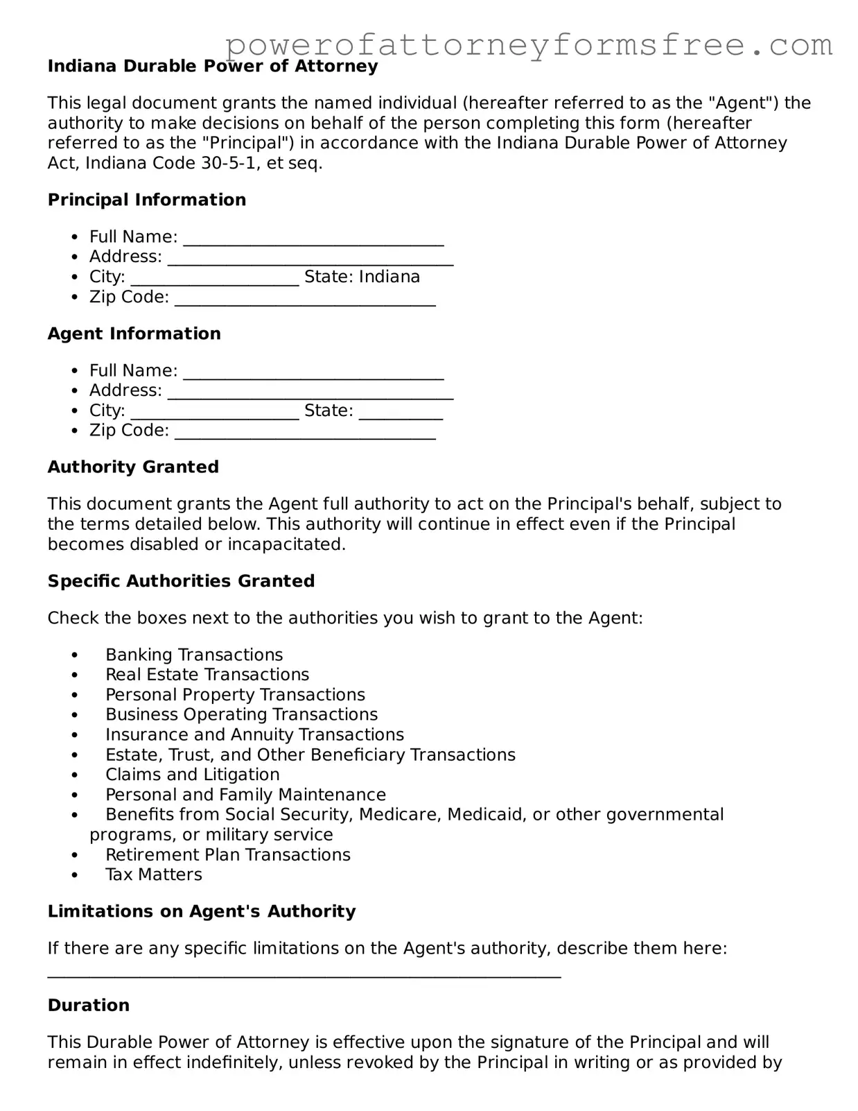 Fillable Durable Power of Attorney Document for Indiana State