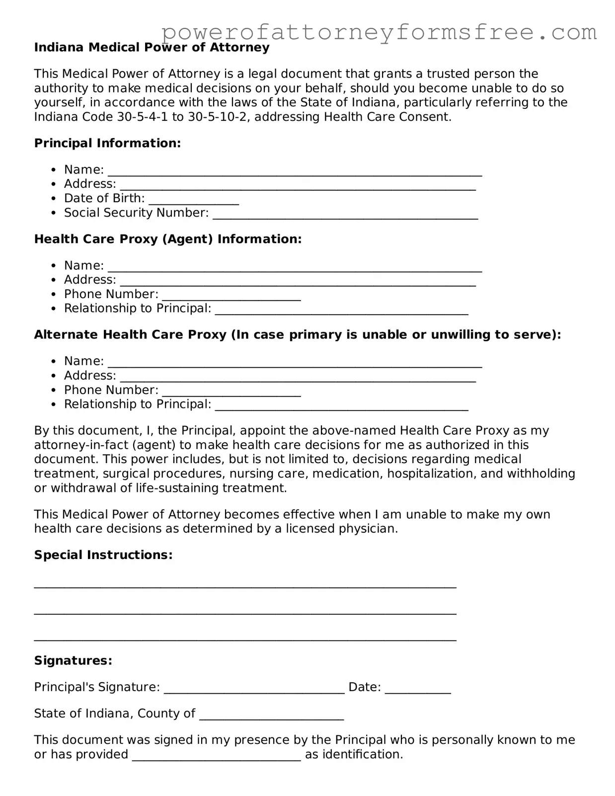 Fillable Medical Power of Attorney Document for Indiana State