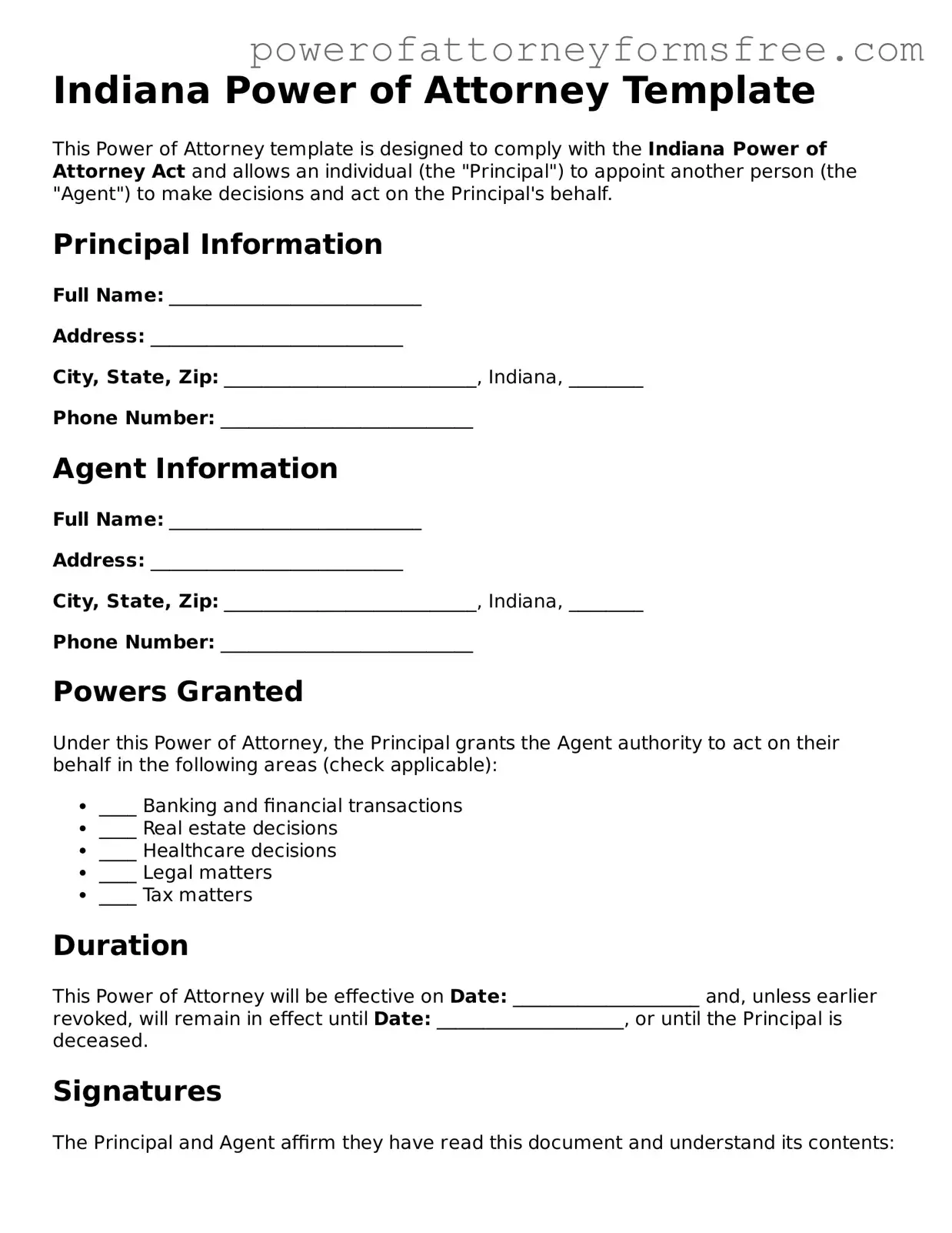Fillable Power of Attorney Document for Indiana State