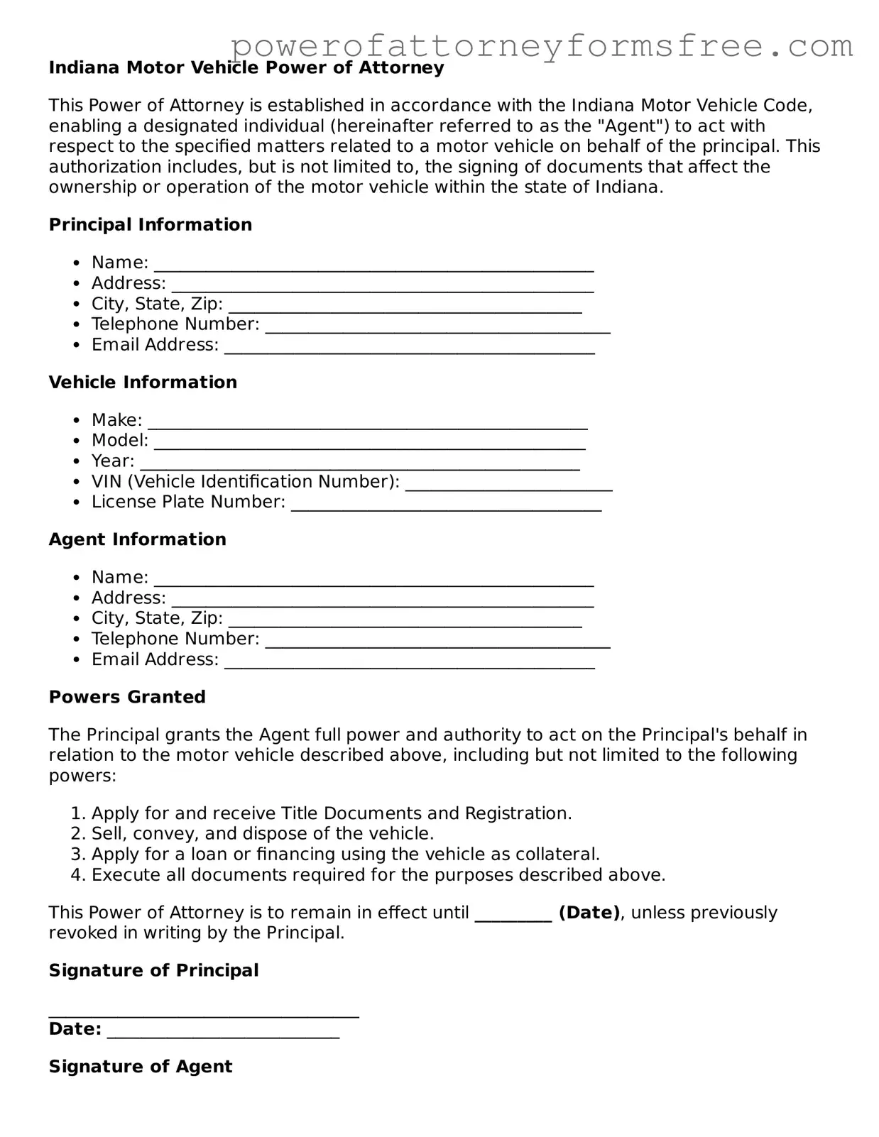 Fillable Motor Vehicle Power of Attorney Document for Indiana State