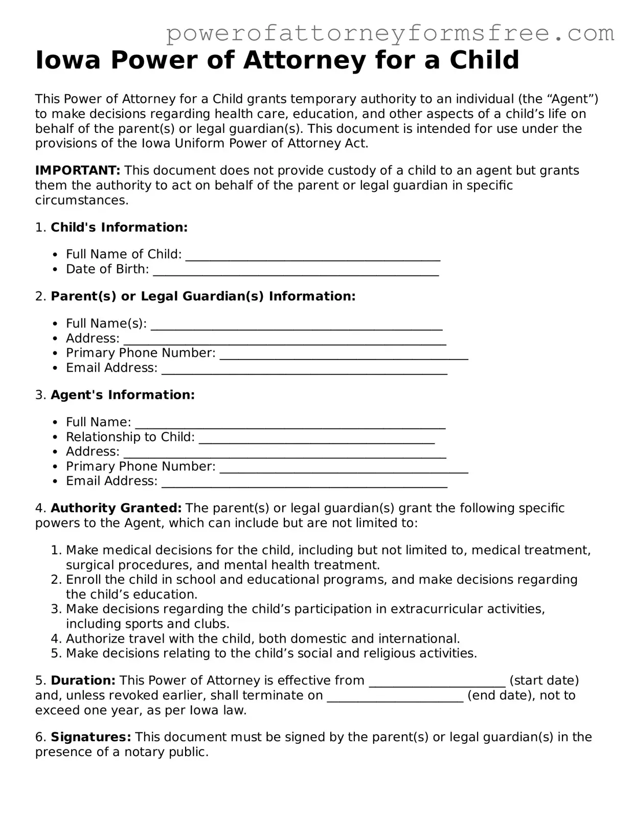 Fillable Power of Attorney for a Child Document for Iowa State