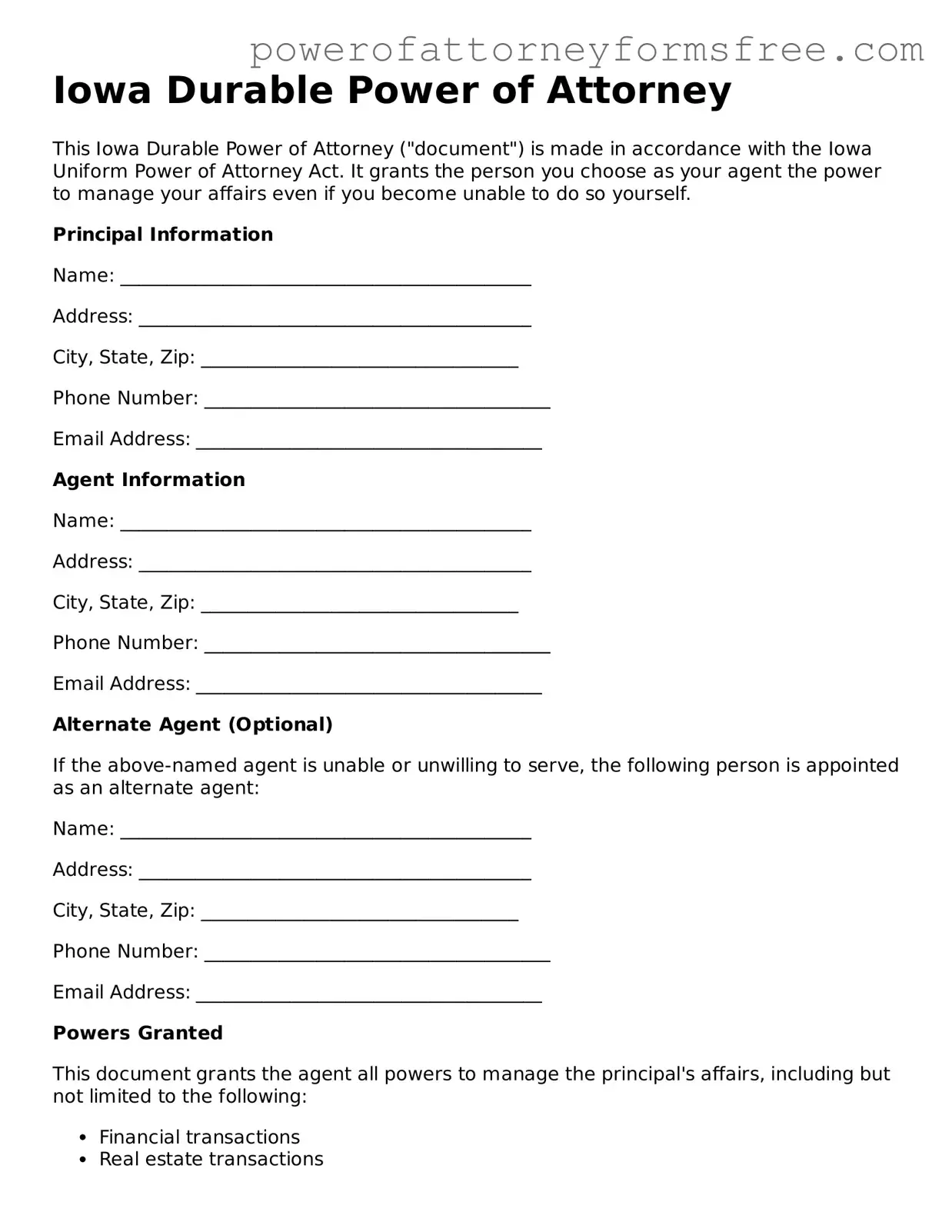Fillable Durable Power of Attorney Document for Iowa State