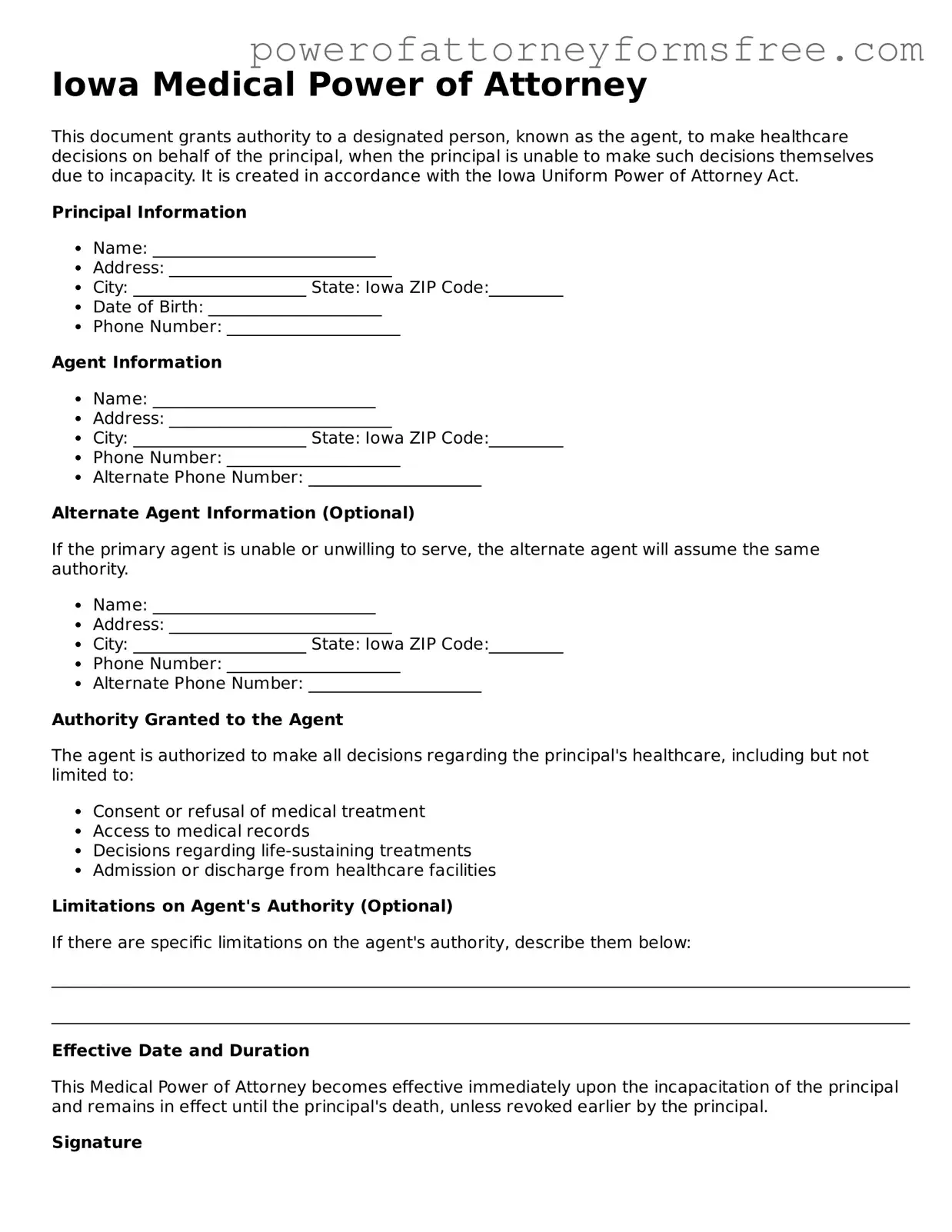 Fillable Medical Power of Attorney Document for Iowa State