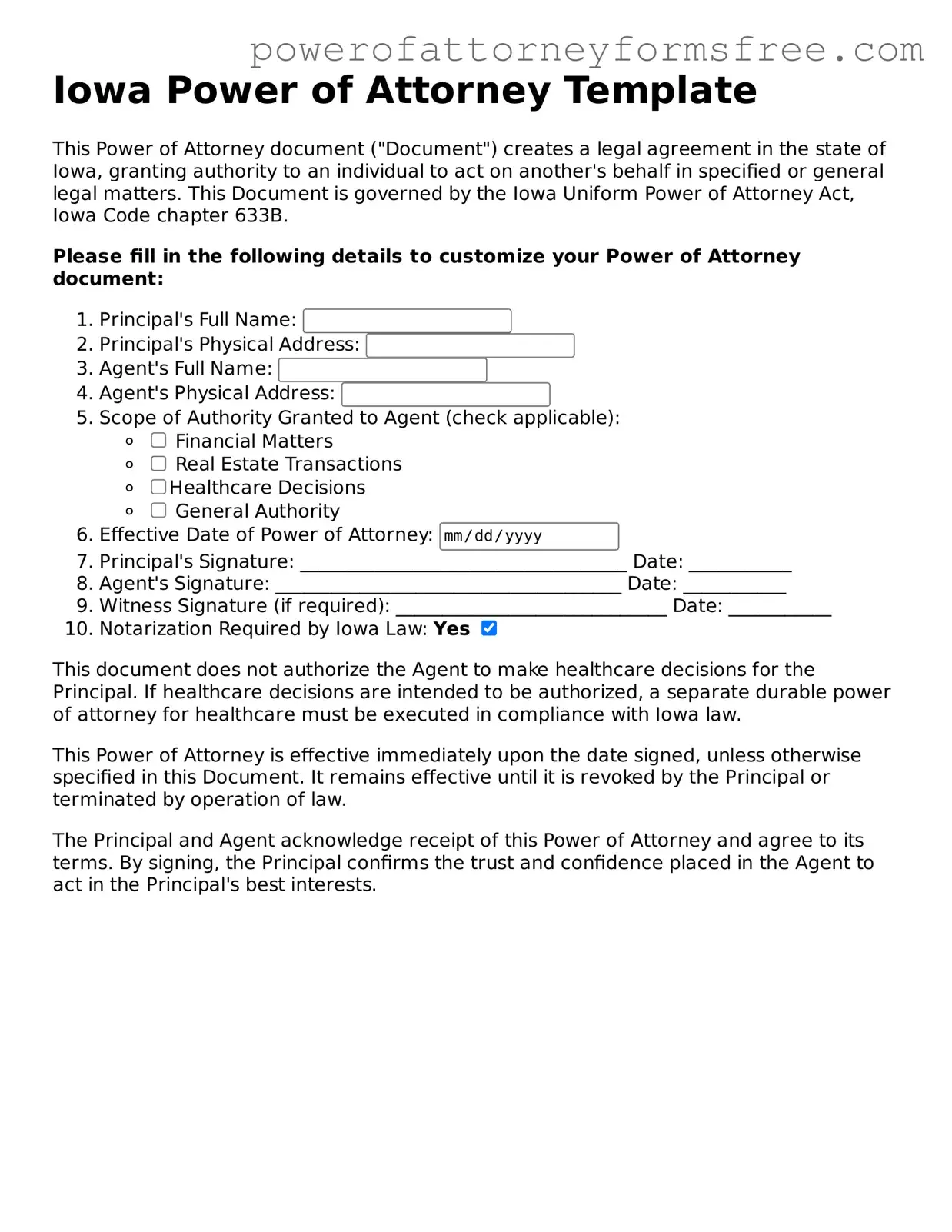 Fillable Power of Attorney Document for Iowa State