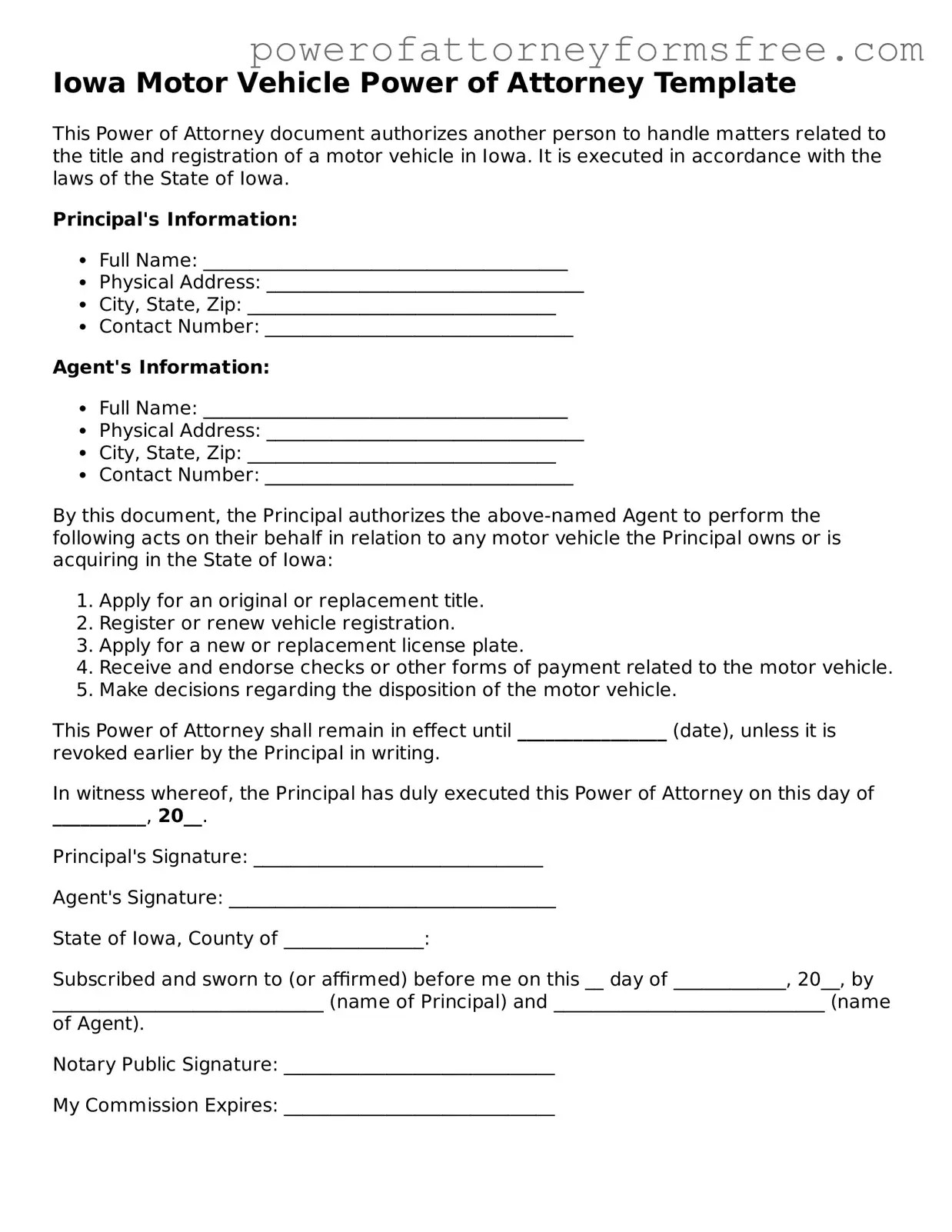 Fillable Motor Vehicle Power of Attorney Document for Iowa State