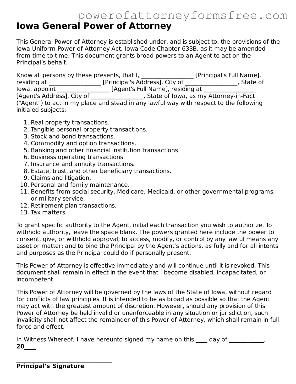 Fillable General Power of Attorney Document for Iowa State