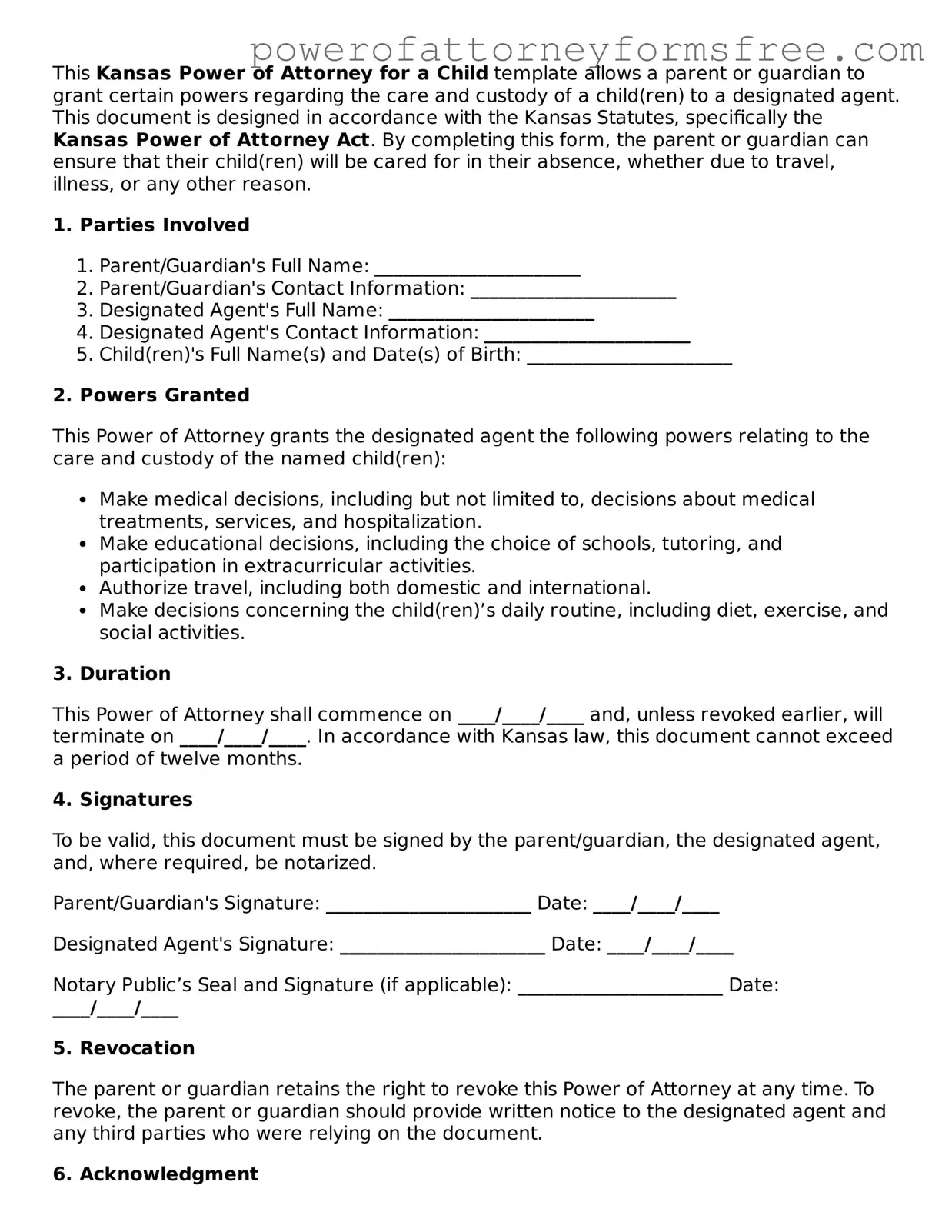 Fillable Power of Attorney for a Child Document for Kansas State