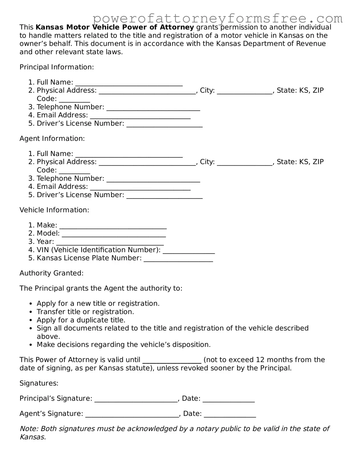 Fillable Motor Vehicle Power of Attorney Document for Kansas State