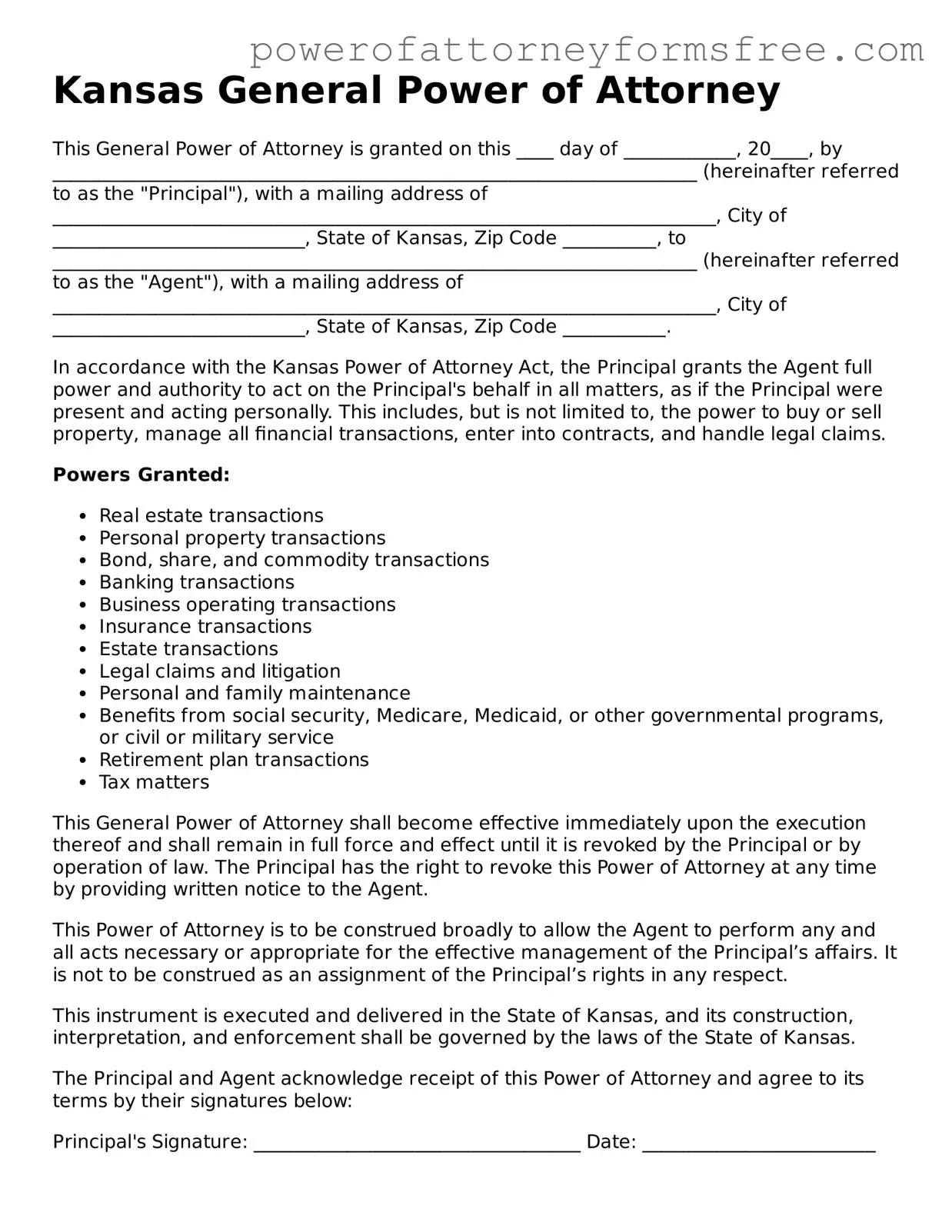 Fillable General Power of Attorney Document for Kansas State