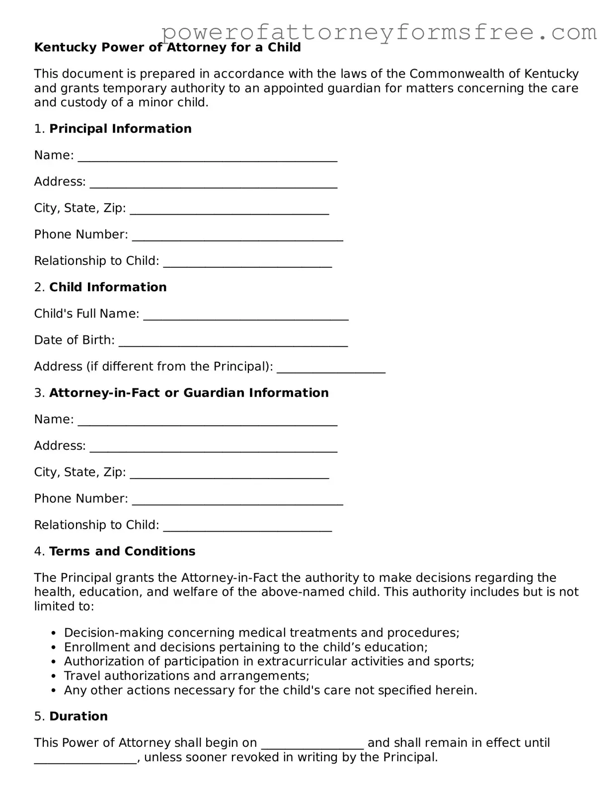 Fillable Power of Attorney for a Child Document for Kentucky State