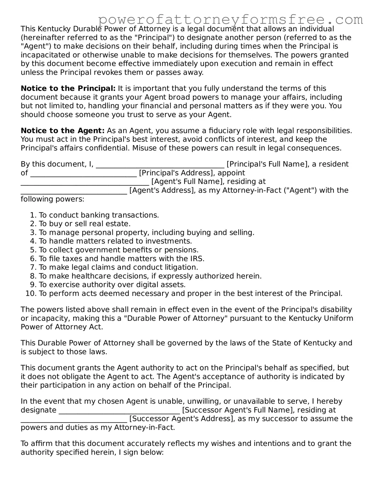 Fillable Durable Power of Attorney Document for Kentucky State