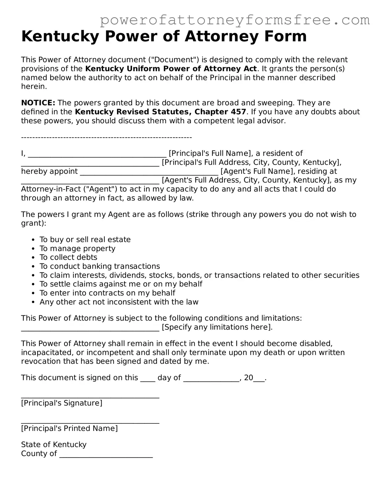 Fillable Power of Attorney Document for Kentucky State