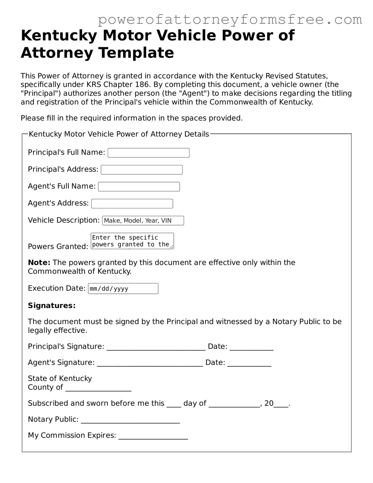 Fillable Motor Vehicle Power of Attorney Document for Kentucky State