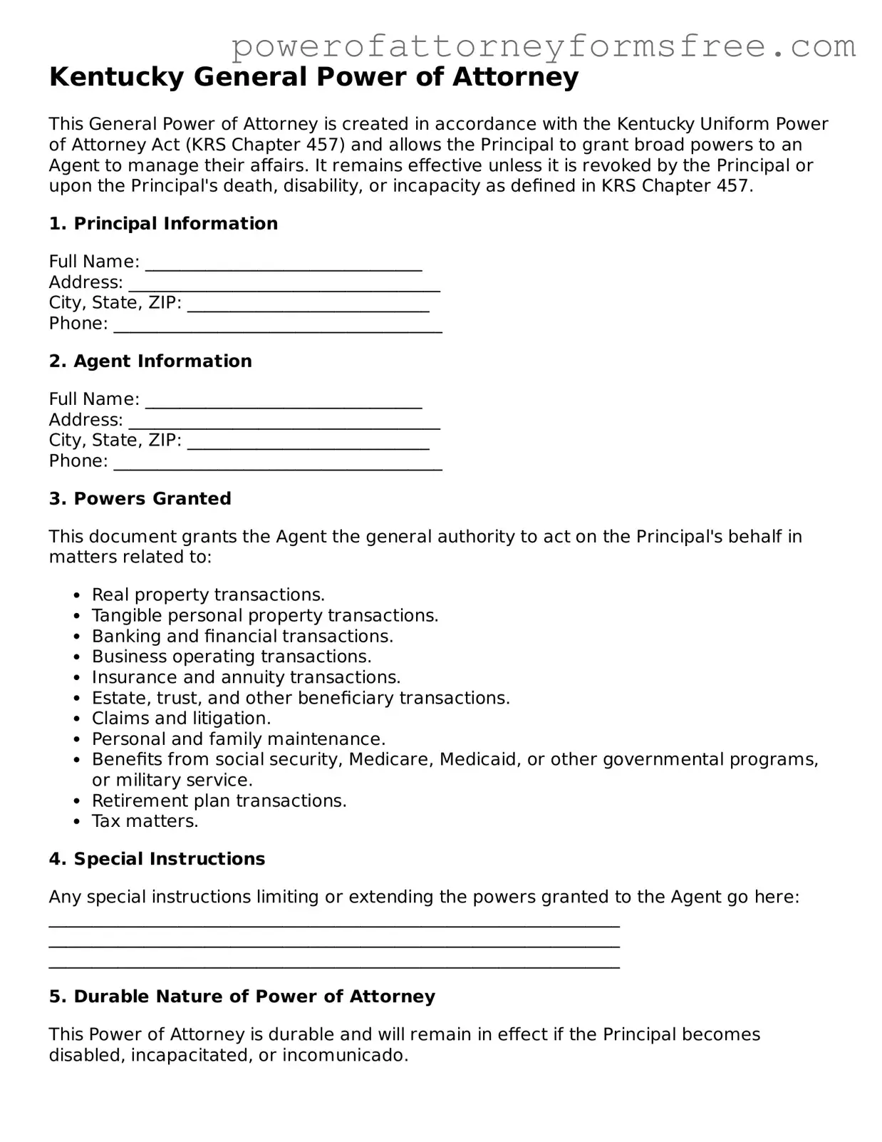 Fillable General Power of Attorney Document for Kentucky State