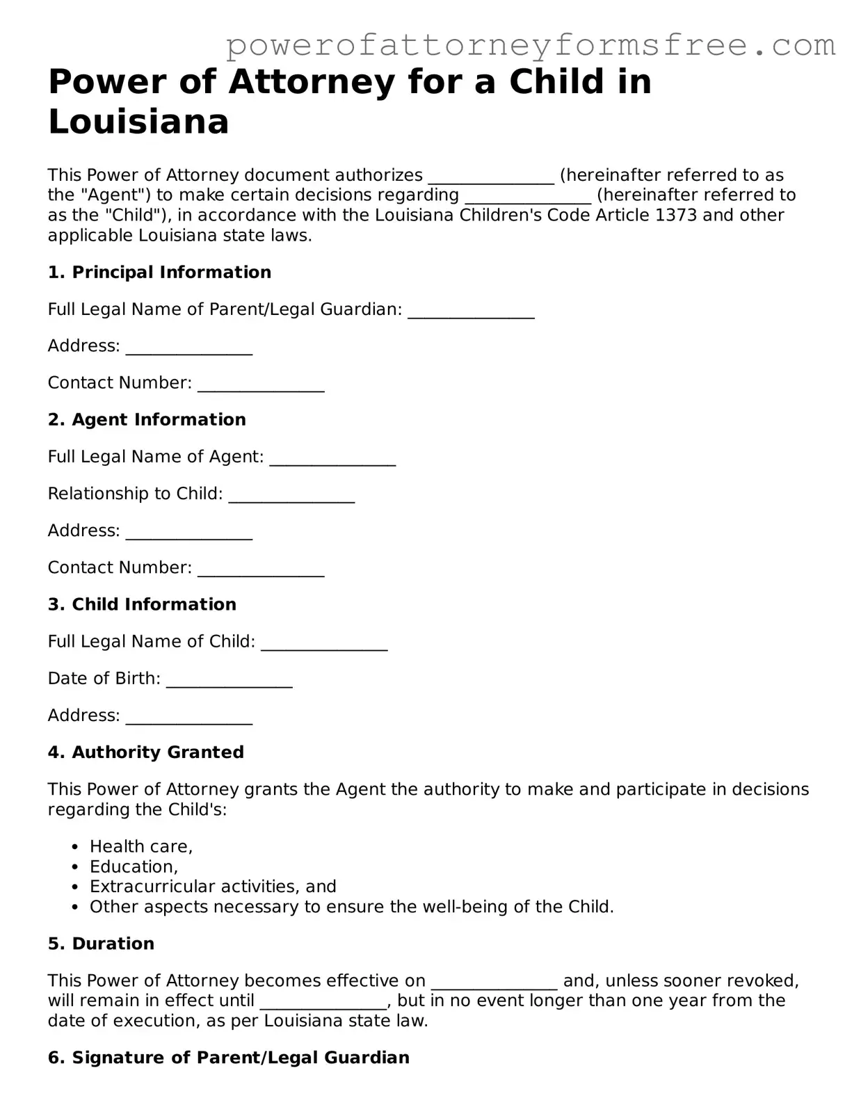 Fillable Power of Attorney for a Child Document for Louisiana State