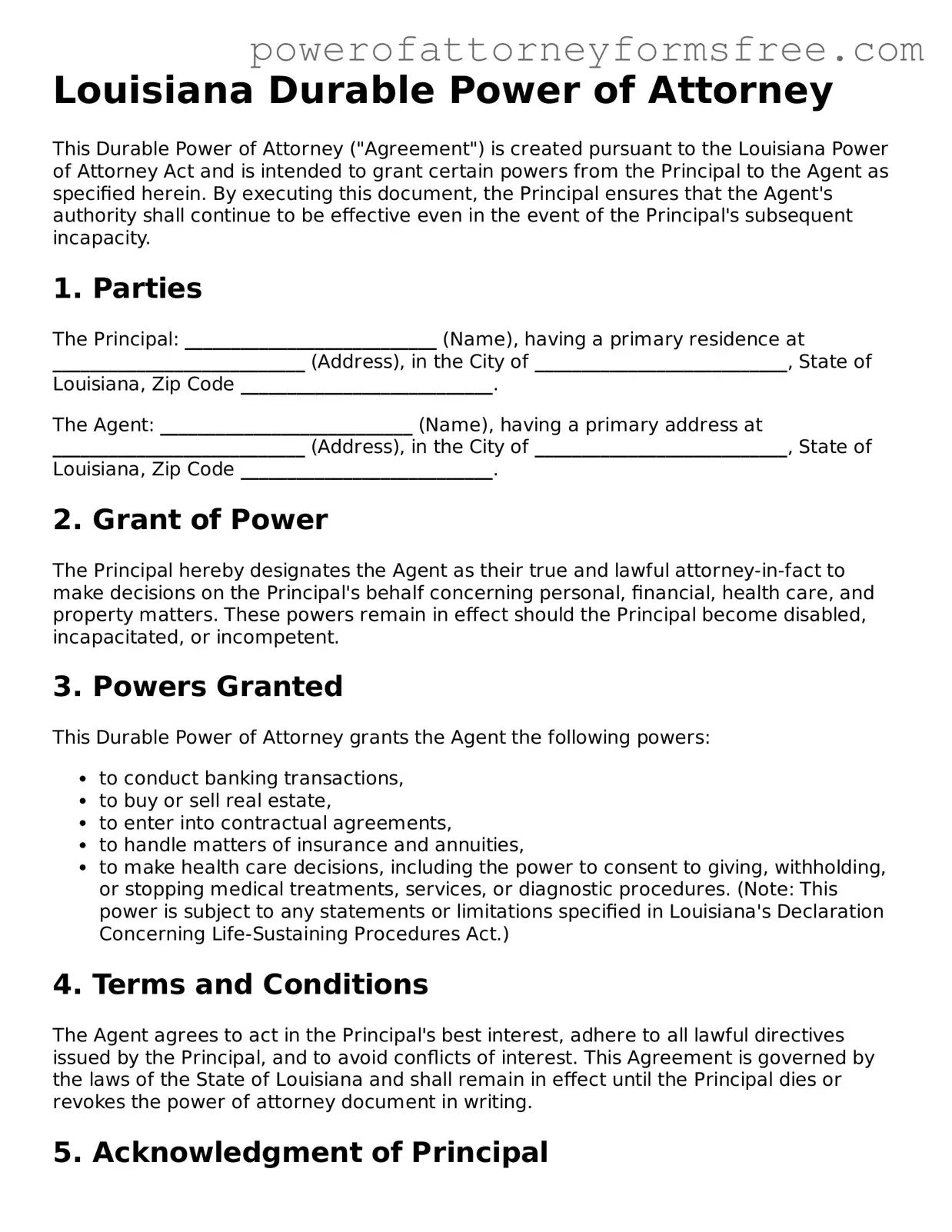 Fillable Durable Power of Attorney Document for Louisiana State
