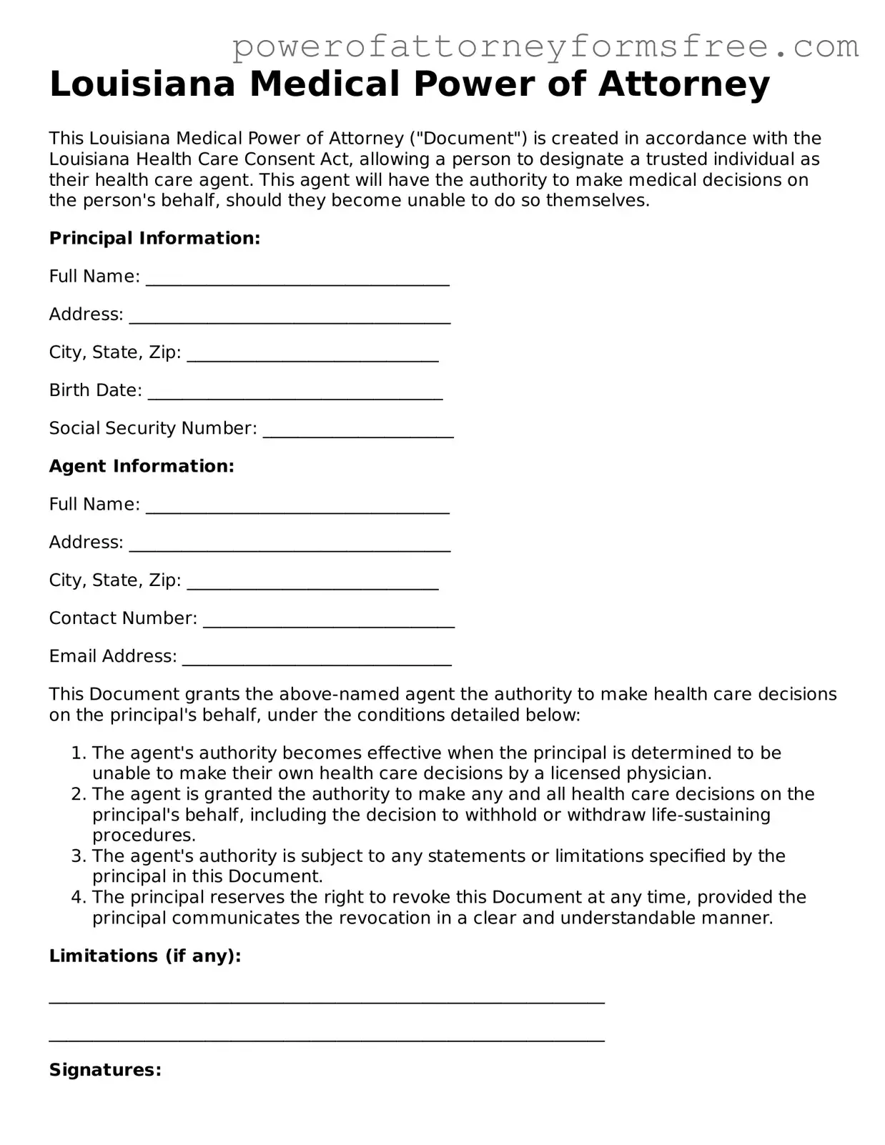 Fillable Medical Power of Attorney Document for Louisiana State