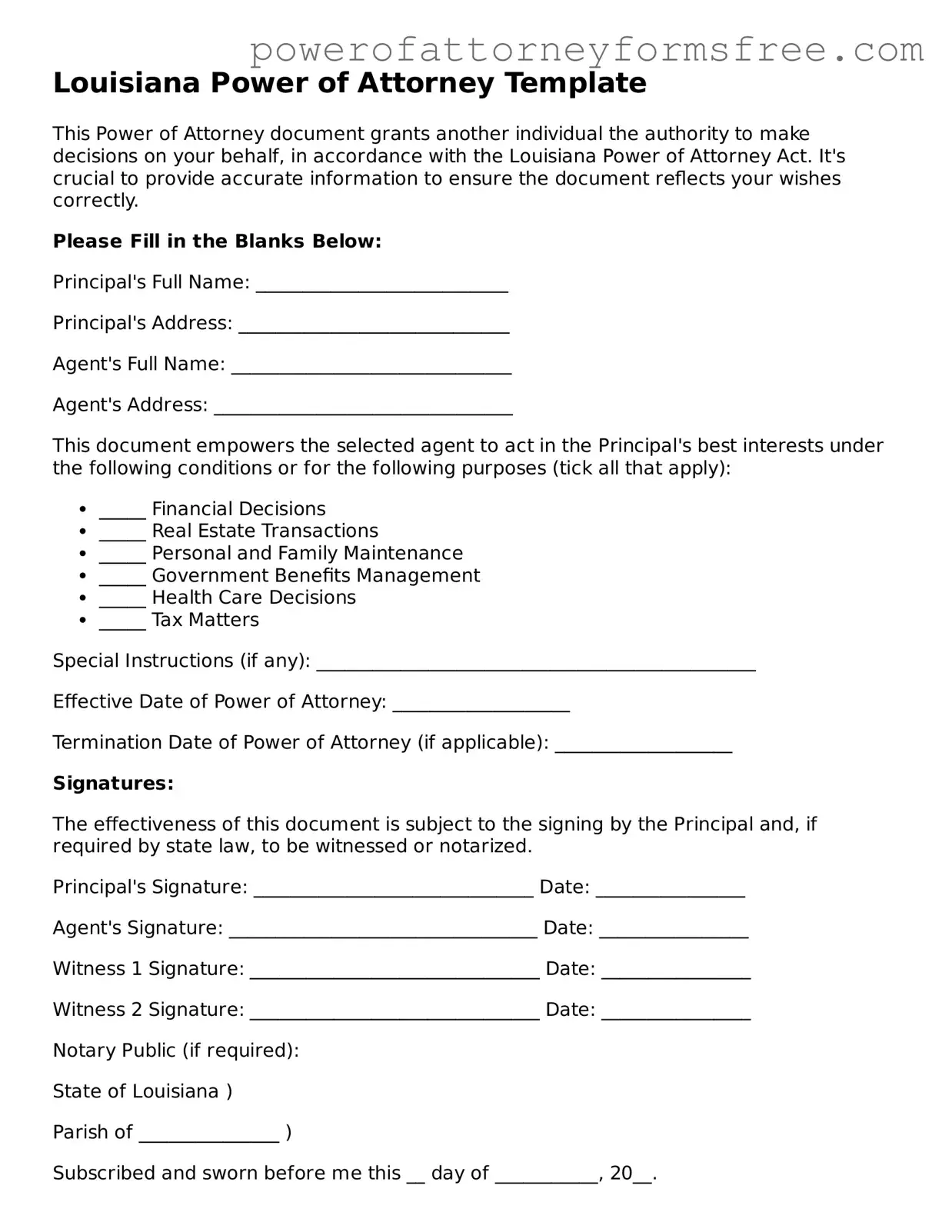Fillable Power of Attorney Document for Louisiana State